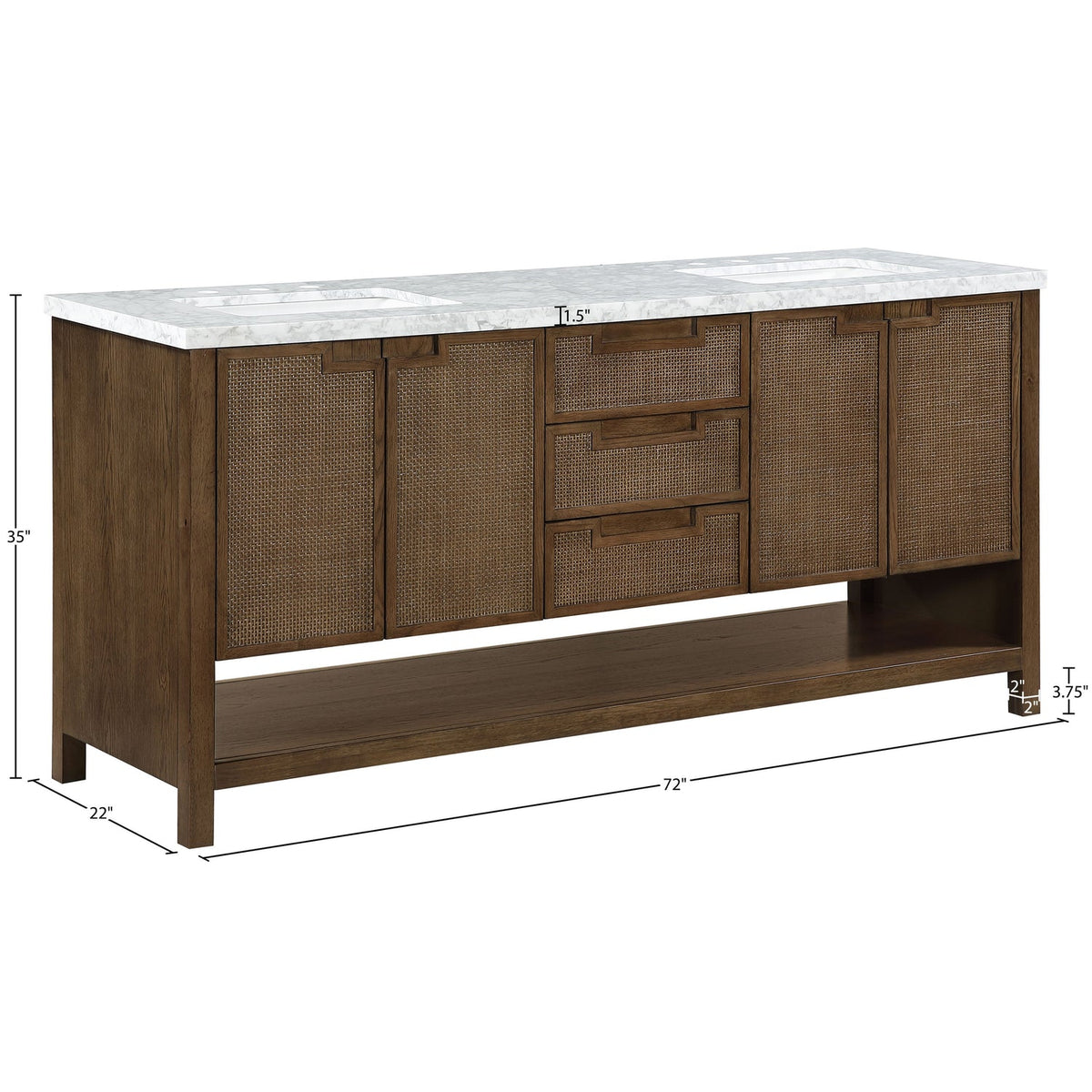 Soren 72in Brown Genuine Carrara Marble Cane And Solid Wood Bathroom Vanity