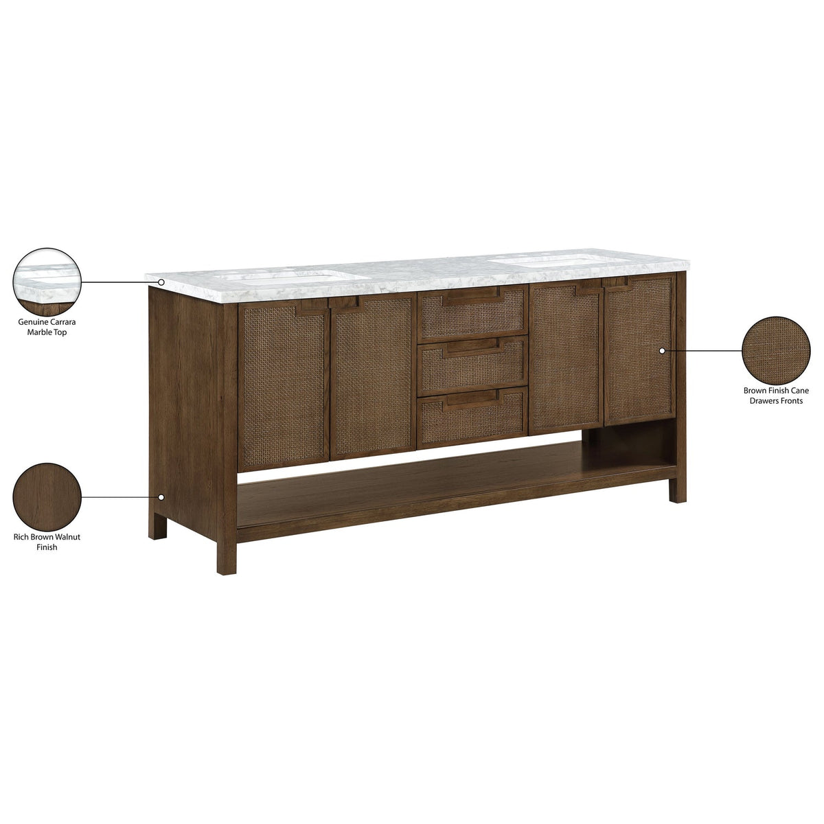 Soren 72in Brown Genuine Carrara Marble Cane And Solid Wood Bathroom Vanity