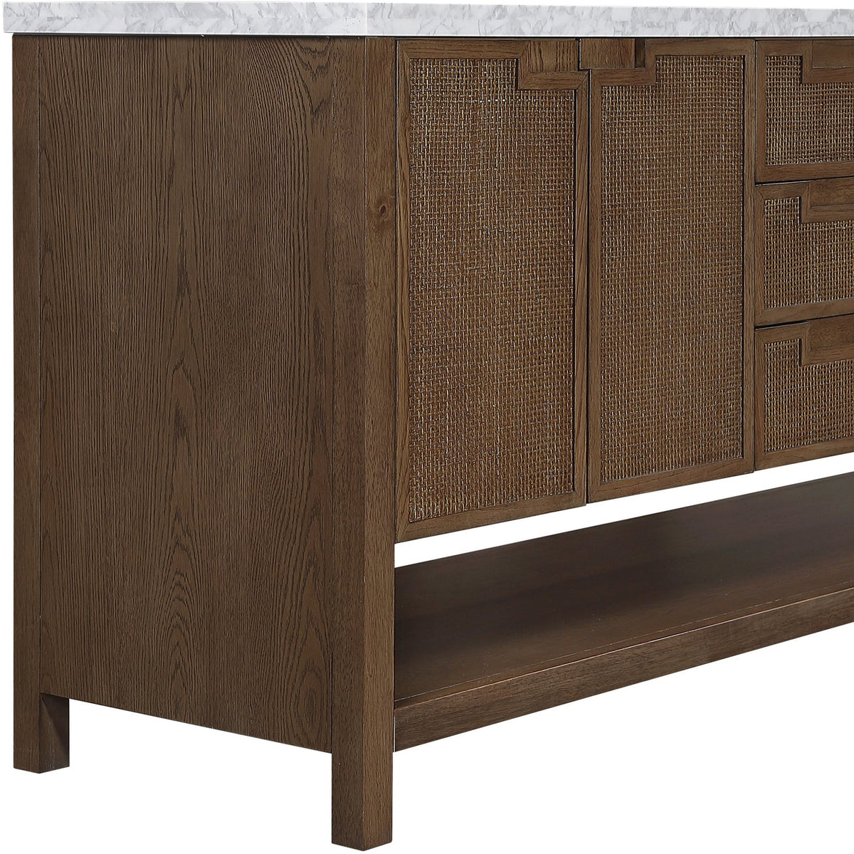 Soren 72in Brown Genuine Carrara Marble Cane And Solid Wood Bathroom Vanity