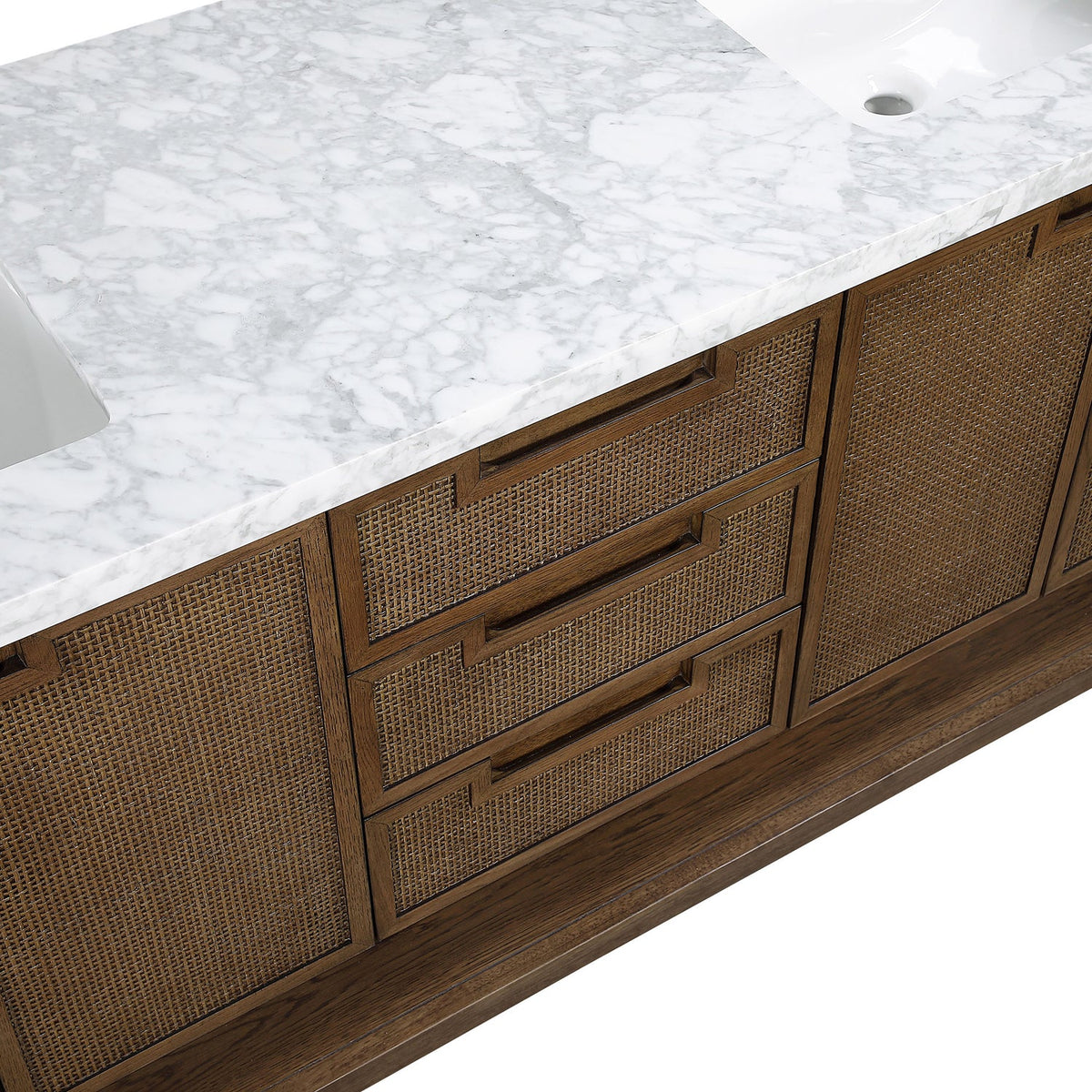 Soren 72in Brown Genuine Carrara Marble Cane And Solid Wood Bathroom Vanity