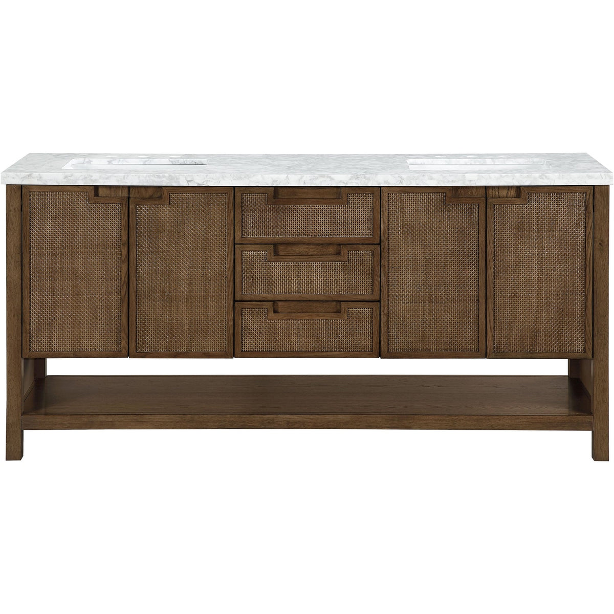 Soren 72in Brown Genuine Carrara Marble Cane And Solid Wood Bathroom Vanity