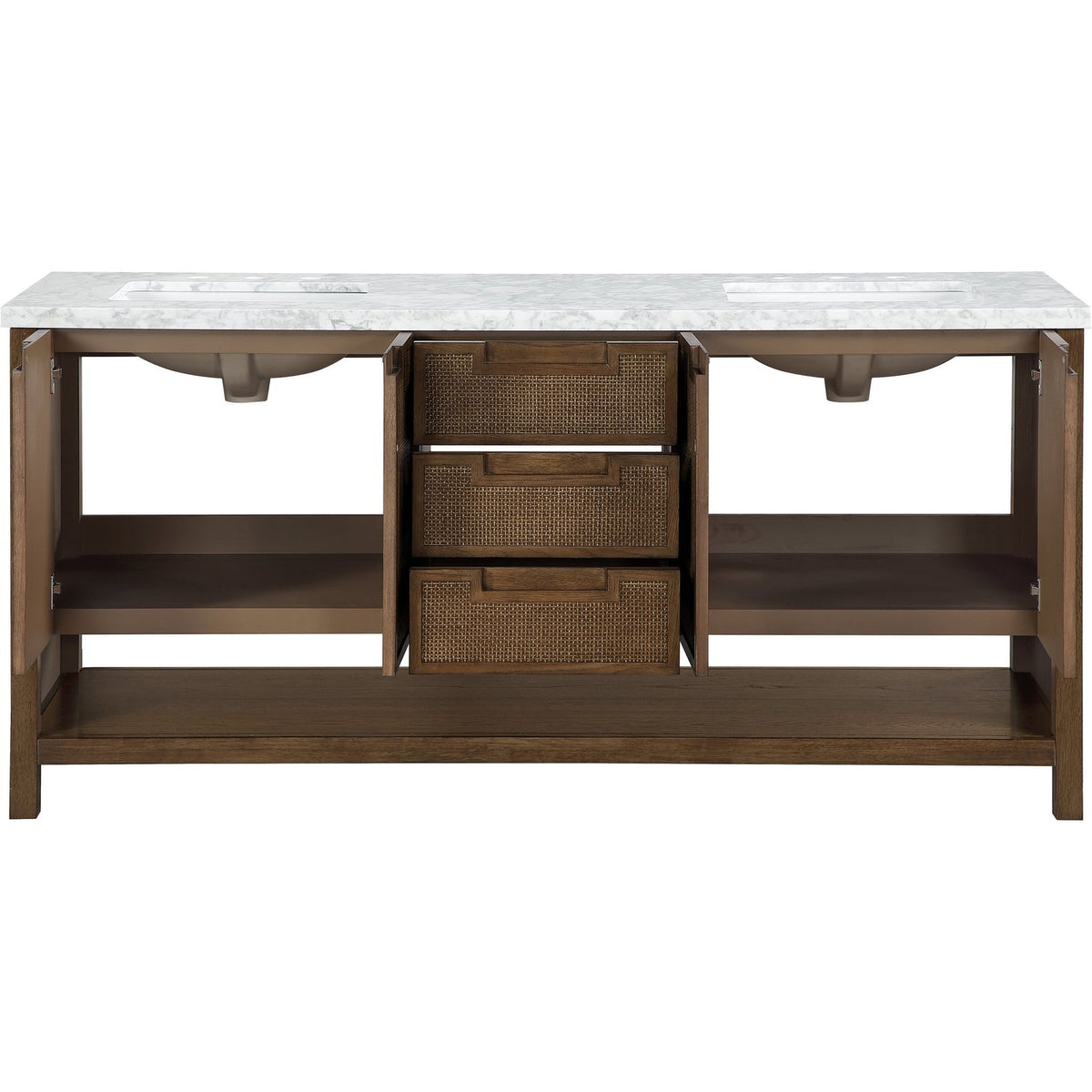 Soren 72in Brown Genuine Carrara Marble Cane And Solid Wood Bathroom Vanity