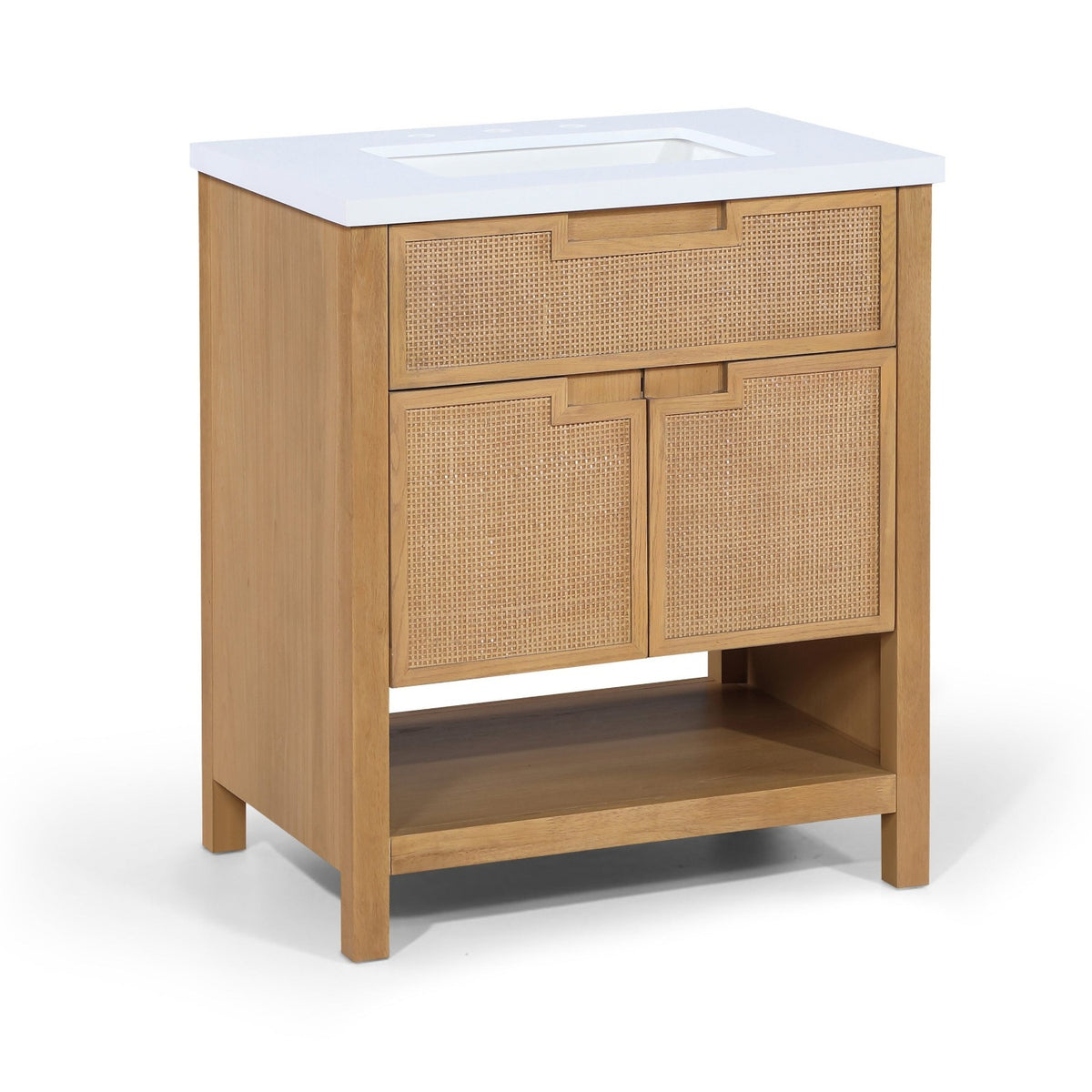 Soren 30" Natural Engineered Stone, Cane And Solid Wood Bathroom Vanity in natural cane and white stone, primary product view