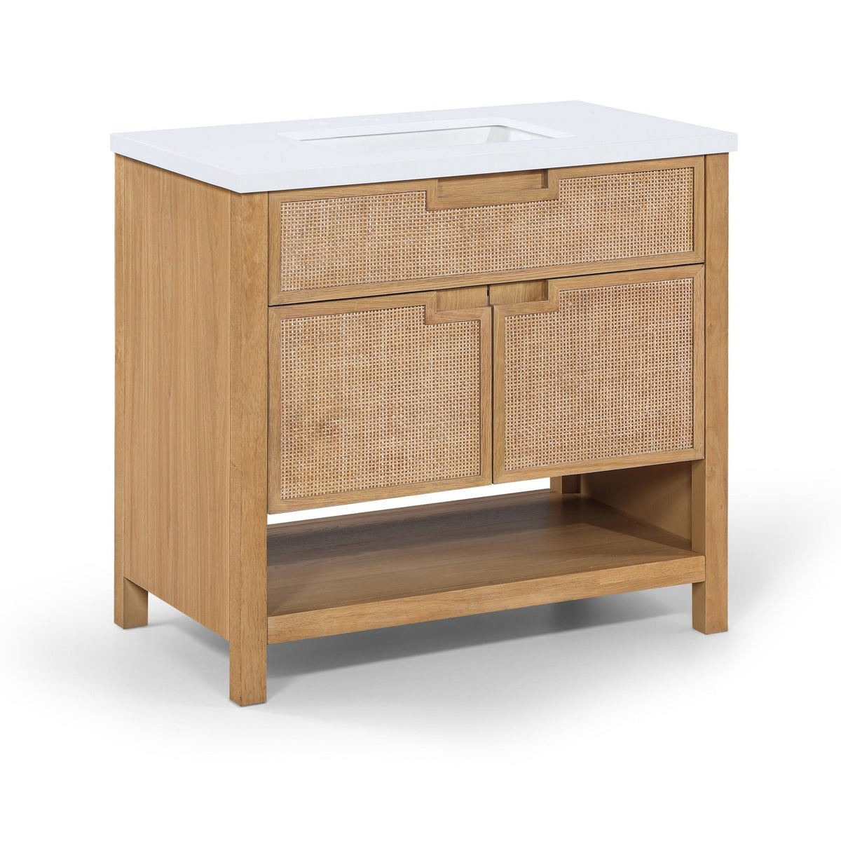Soren 36" Natural Engineered Stone, Cane And Solid Wood Bathroom Vanity in natural cane and white stone, product view