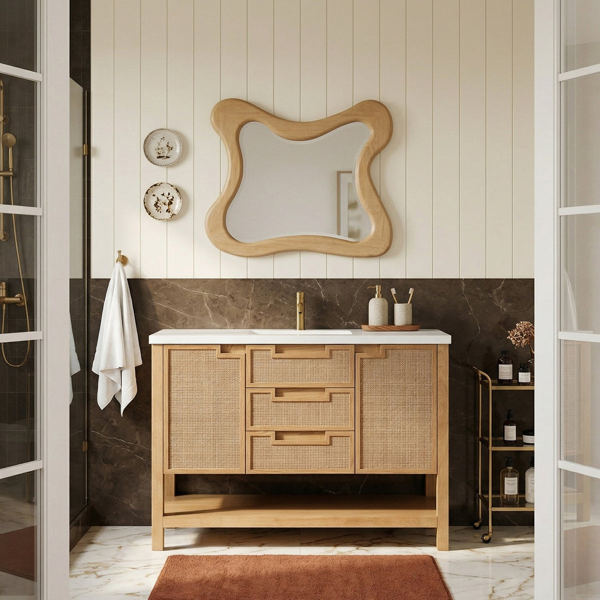 Soren 48in Natural Engineered Stone Cane And Solid Wood Bathroom Vanity