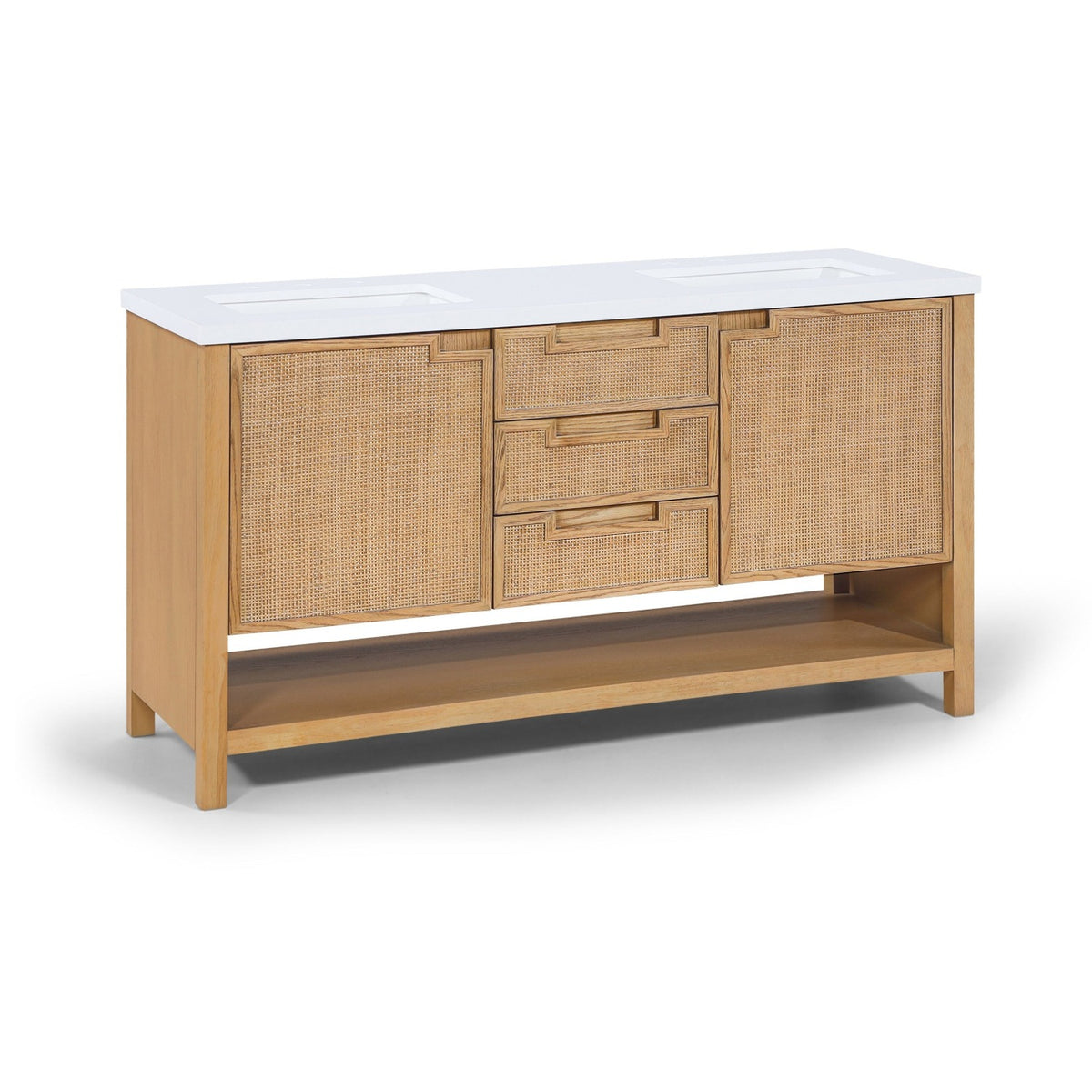 Soren 60" Natural Engineered Stone, Cane And Solid Wood Bathroom Vanity in natural cane and white stone, product view
