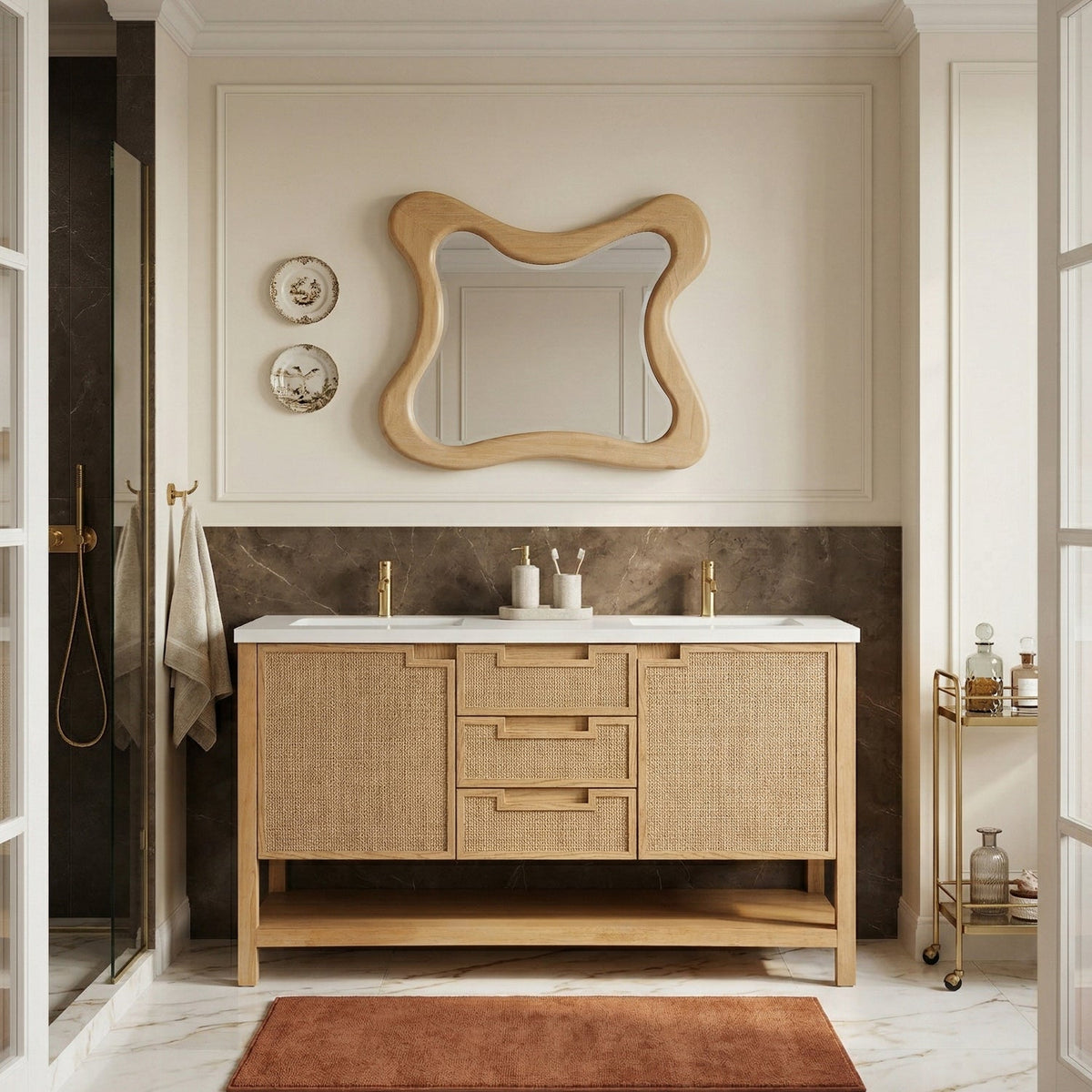 Soren 60in Natural Engineered Stone Cane And Solid Wood Bathroom Vanity