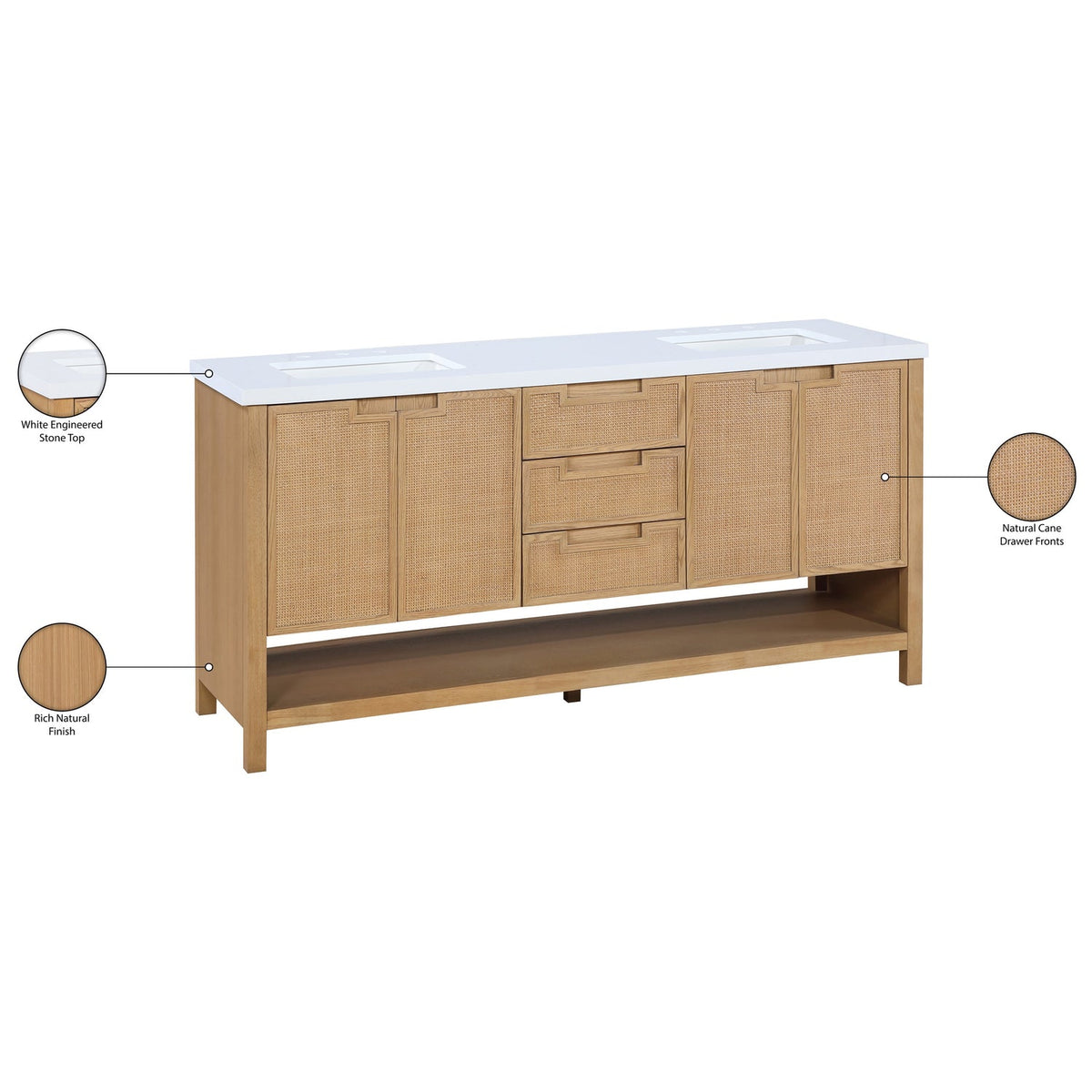 Soren 72in Natural Engineered Stone Cane And Solid Wood Bathroom Vanity