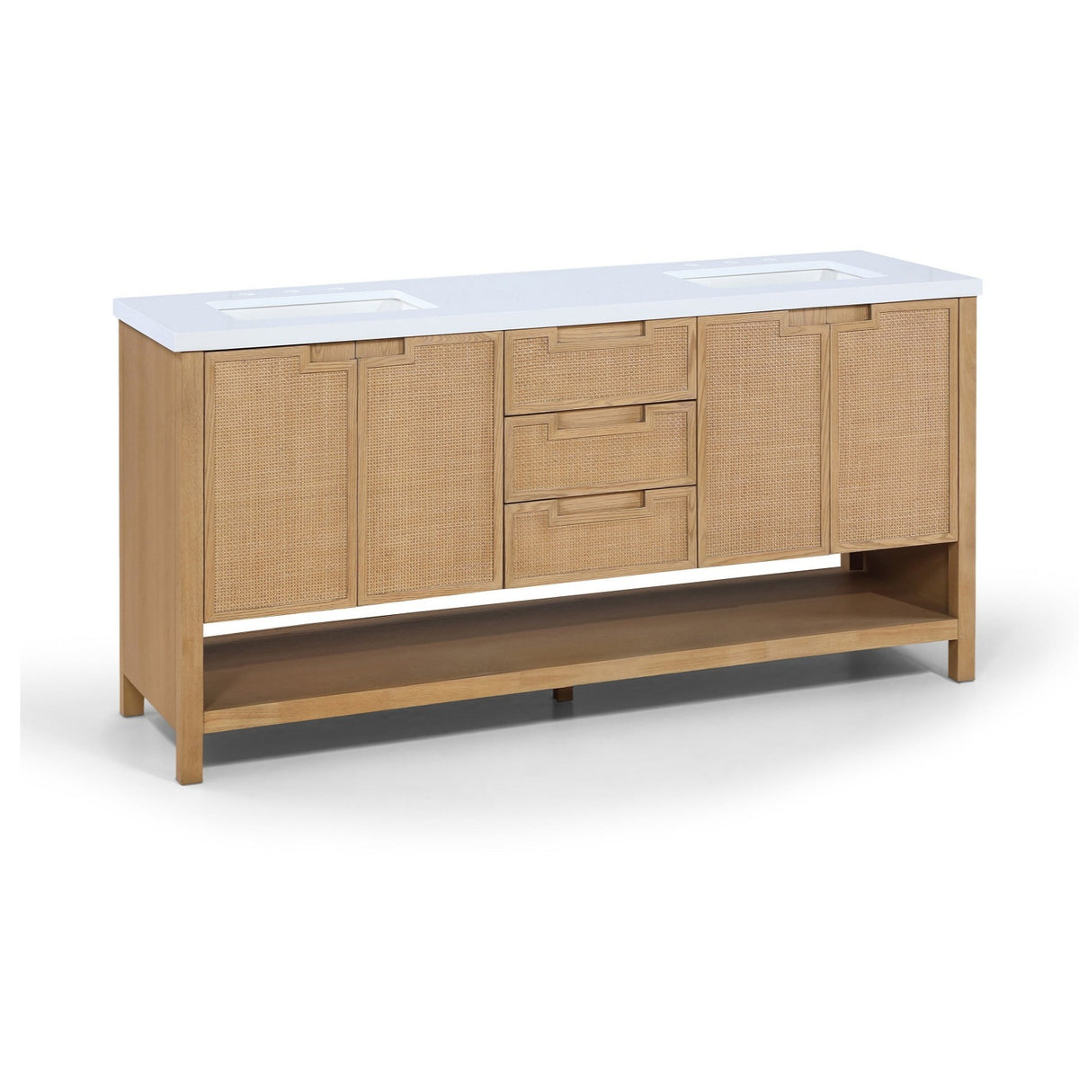 Soren 72" Natural Engineered Stone, Cane And Solid Wood Bathroom Vanity in natural cane and white stone, product view