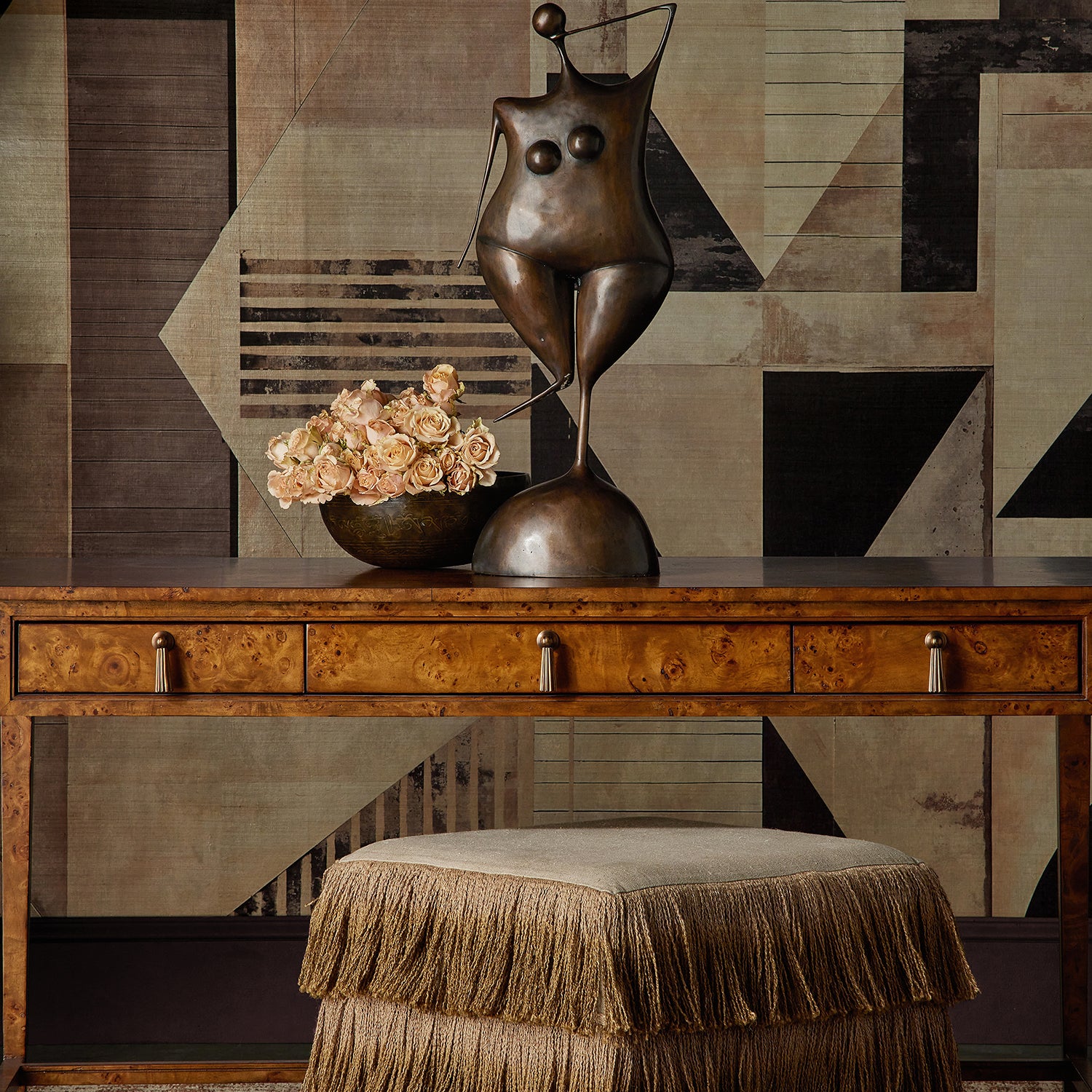 Currey & Co Jute Bronze Fringe Ottoman