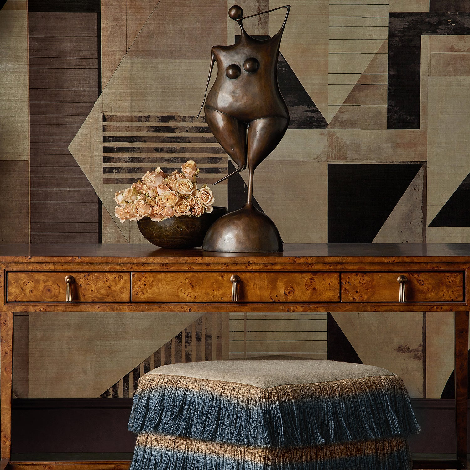 Currey & Co Jute Blue Fringe Ottoman