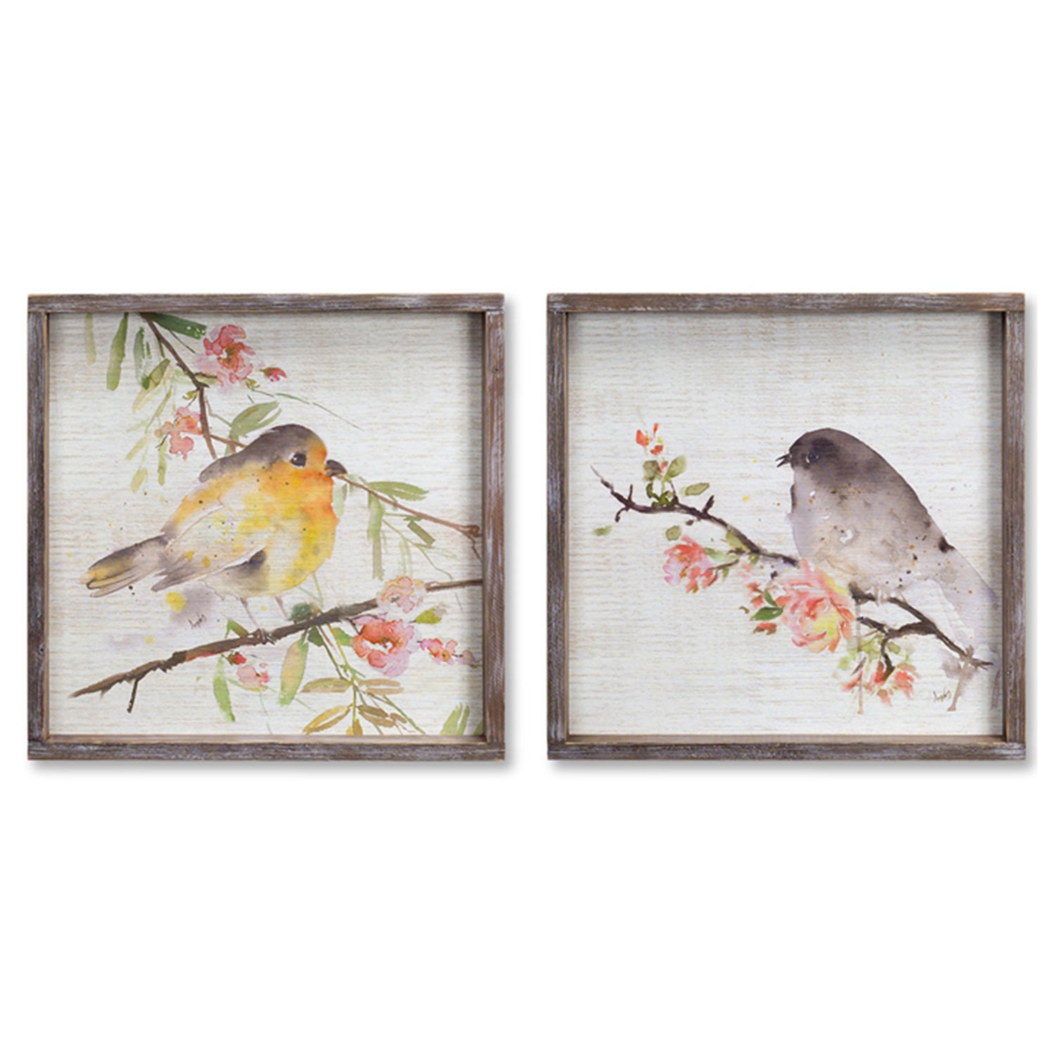 Wood Framed Watercolor Bird Plaque Set of 2