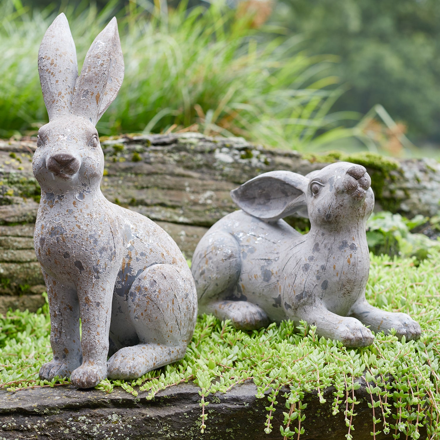 Weathered Stone Garden Rabbit Figurine Set of 2