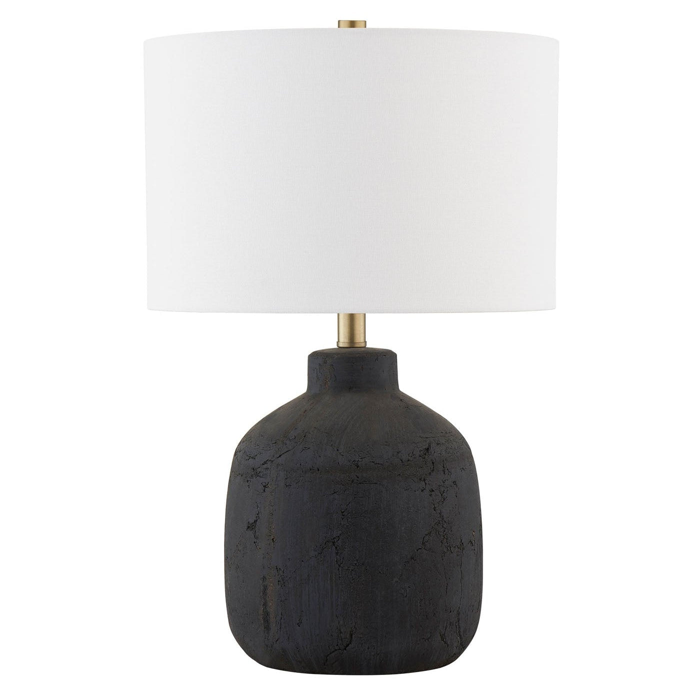 Forty West Landon table lamp with black ceramic base, gold neck and linen shade, front view