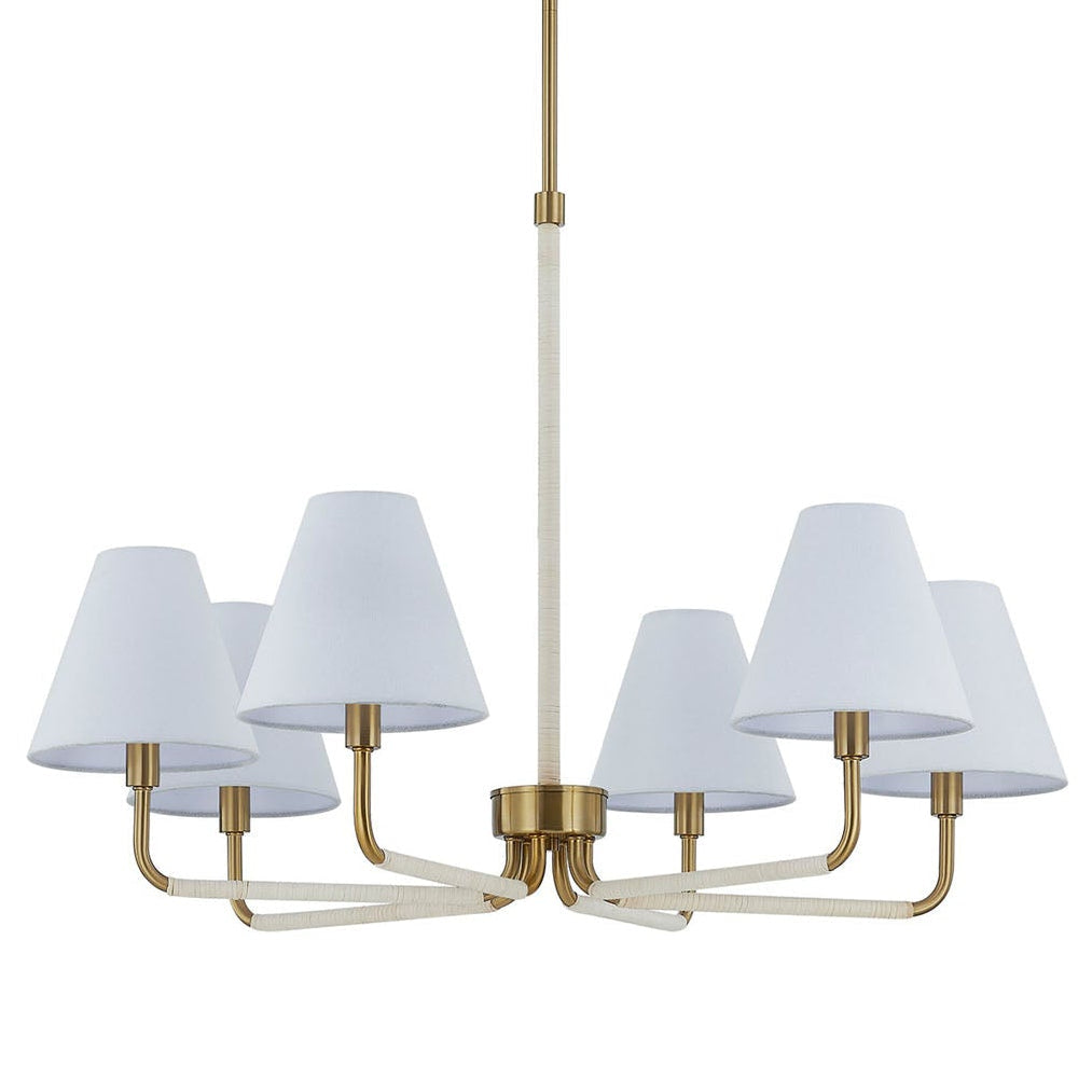 Forty West Remi white rattan chandelier with six curved arms, front view