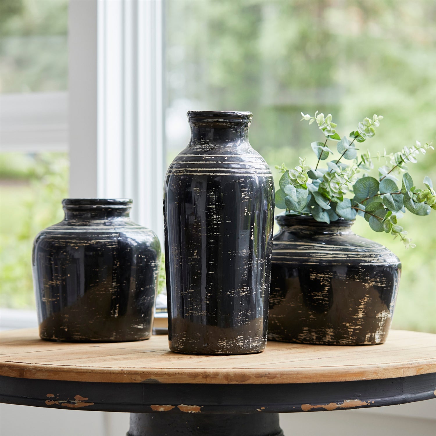 Distressed Black Ceramic Vase with Ivory Accent