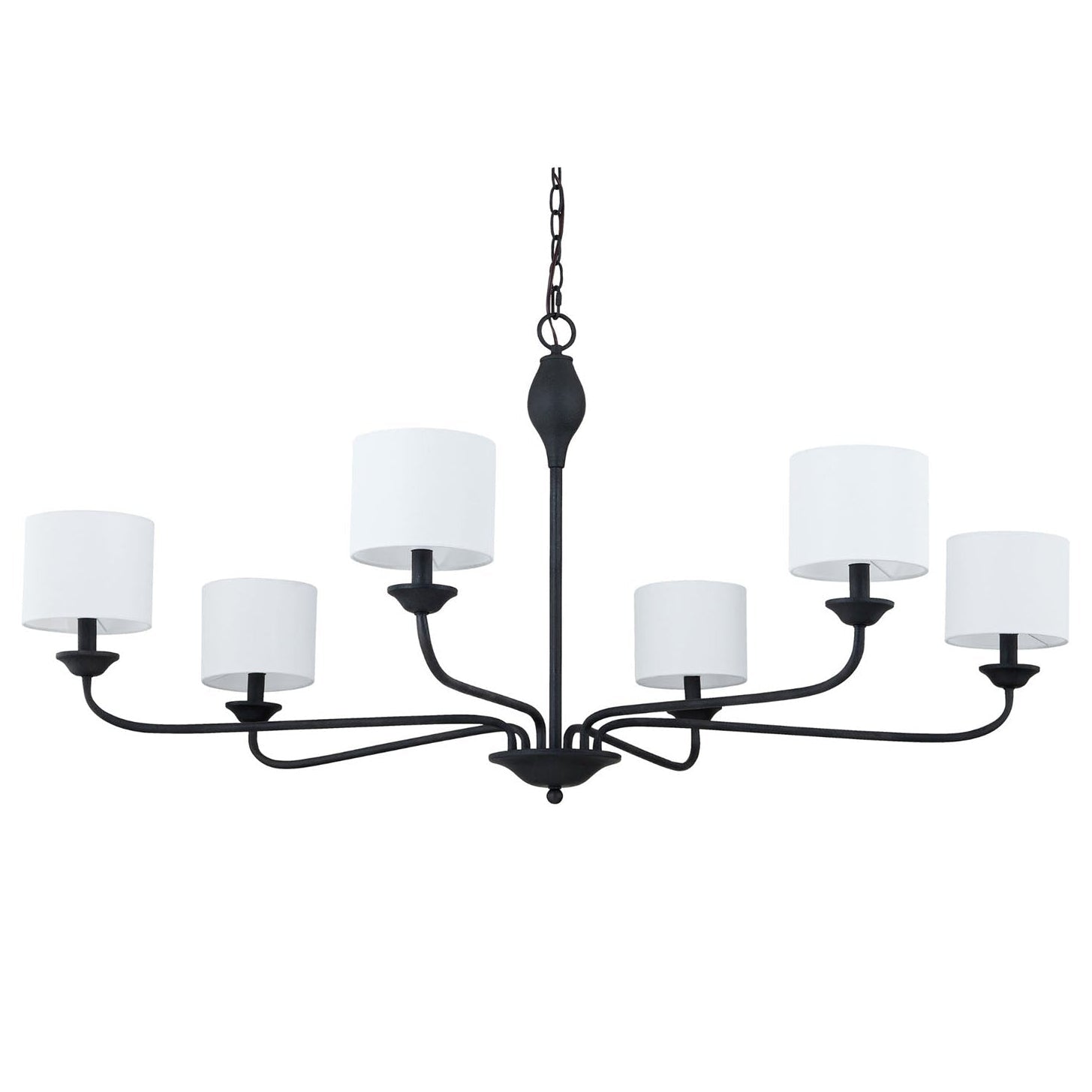 Forty West Monica Chandelier in black metal with six bell shades and curved arms, front view