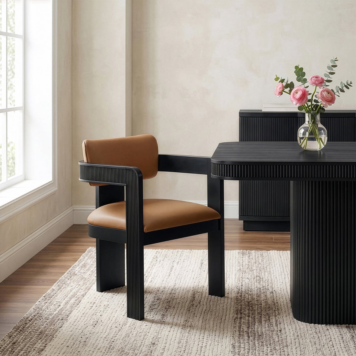 Sacha Cognac Vegan Leather Upholstered Dining Chair Set of 2