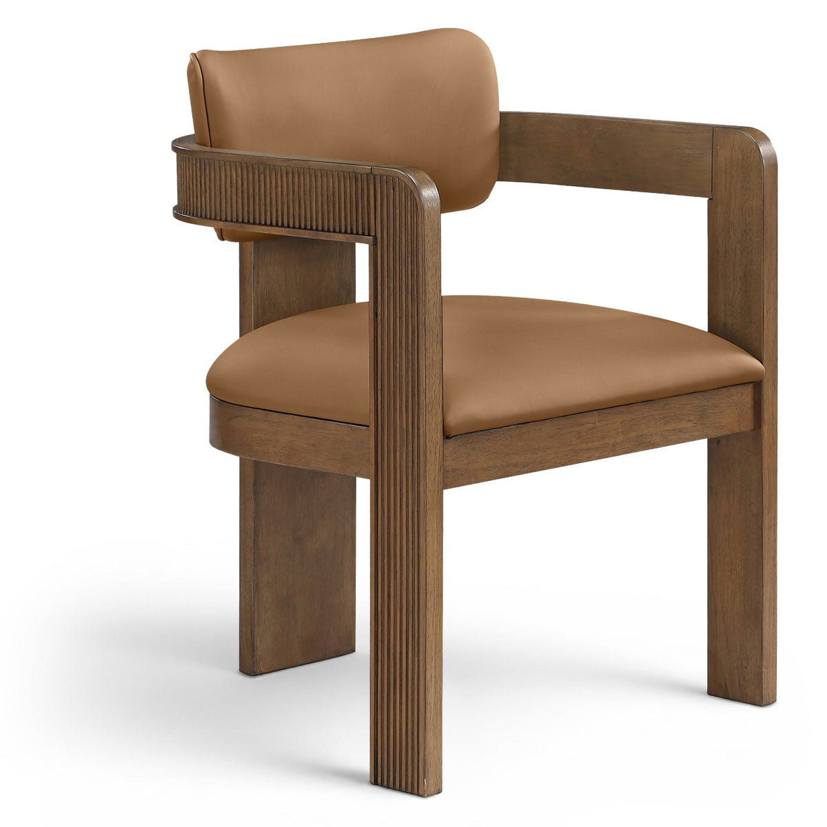 Sacha Cognac Vegan Leather Upholstered Dining Chair, Set of 2 in cognac, fluted brown walnut wood, primary product view