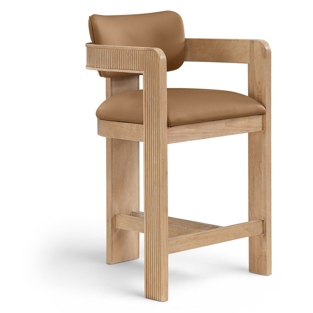 Sacha Cognac Vegan Leather Upholstered Counter Stool in cognac, fluted solid wood natural finish, primary product view