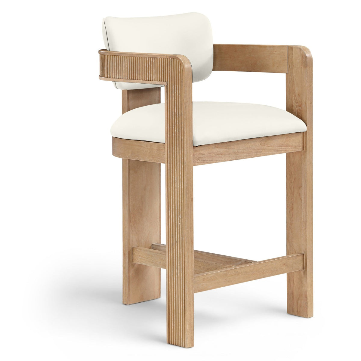 Sacha Cream Vegan Leather Upholstered Counter Stool in cream, fluted solid wood natural finish, primary product view