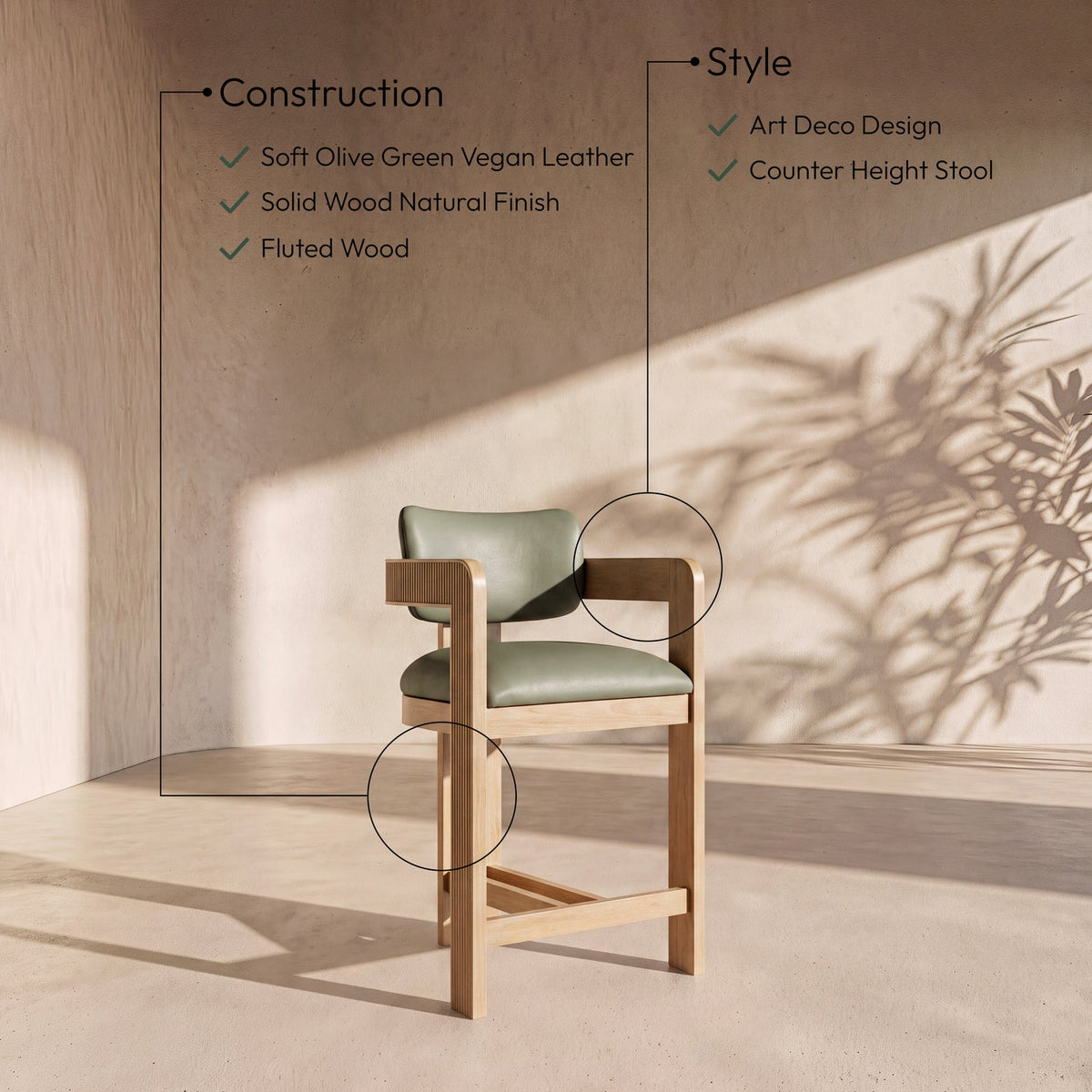 Sacha Olive Vegan Leather Upholstered Counter Stool Set of 2