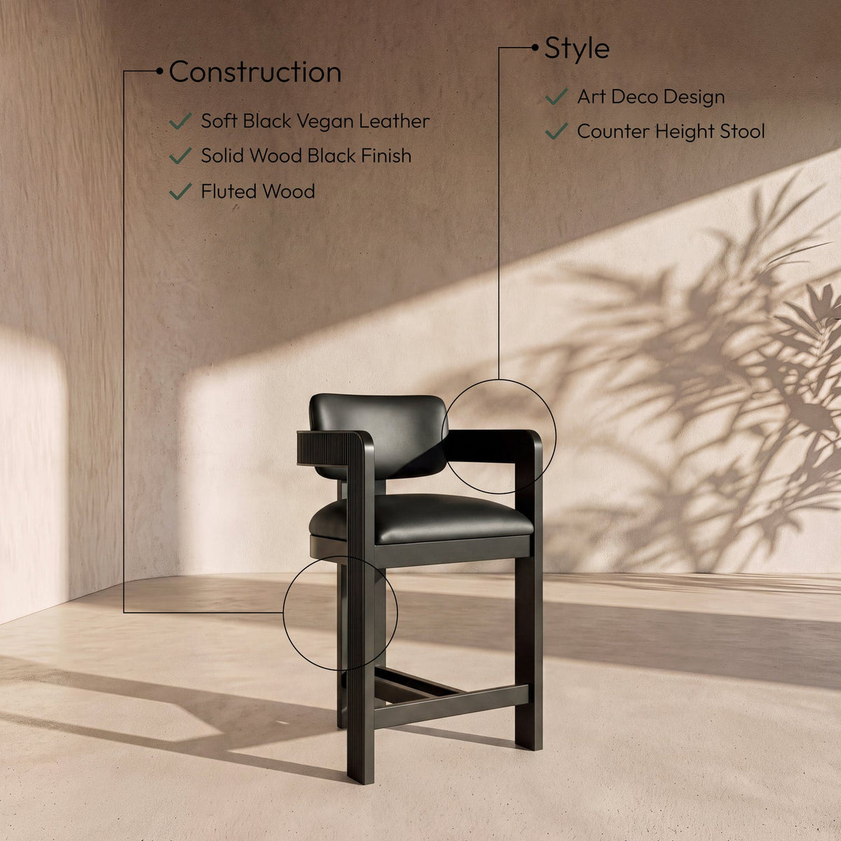 Sacha Black Vegan Leather Upholstered Counter Stool Set of 2