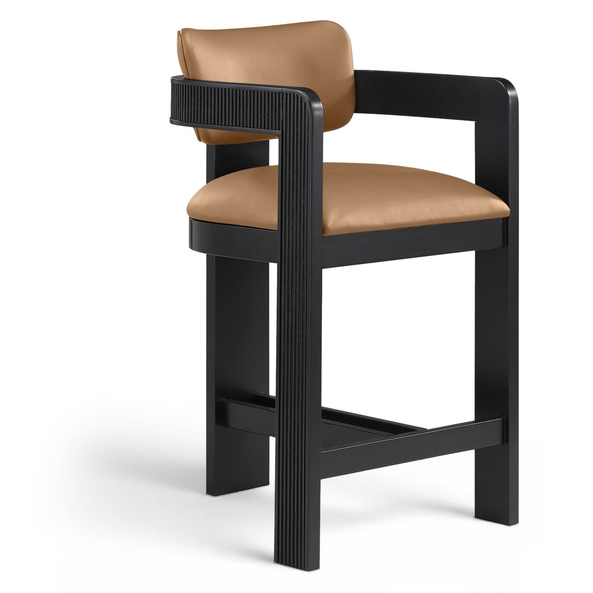 Sacha Cognac Vegan Leather Upholstered Counter Stool in cognac, fluted solid wood black finish, primary product view
