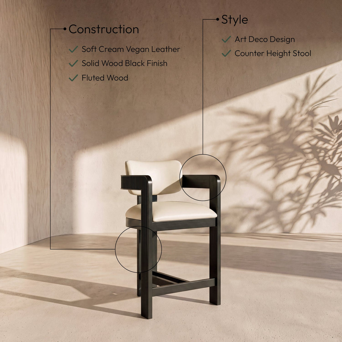 Sacha Cream Vegan Leather Upholstered Counter Stool Set of 2