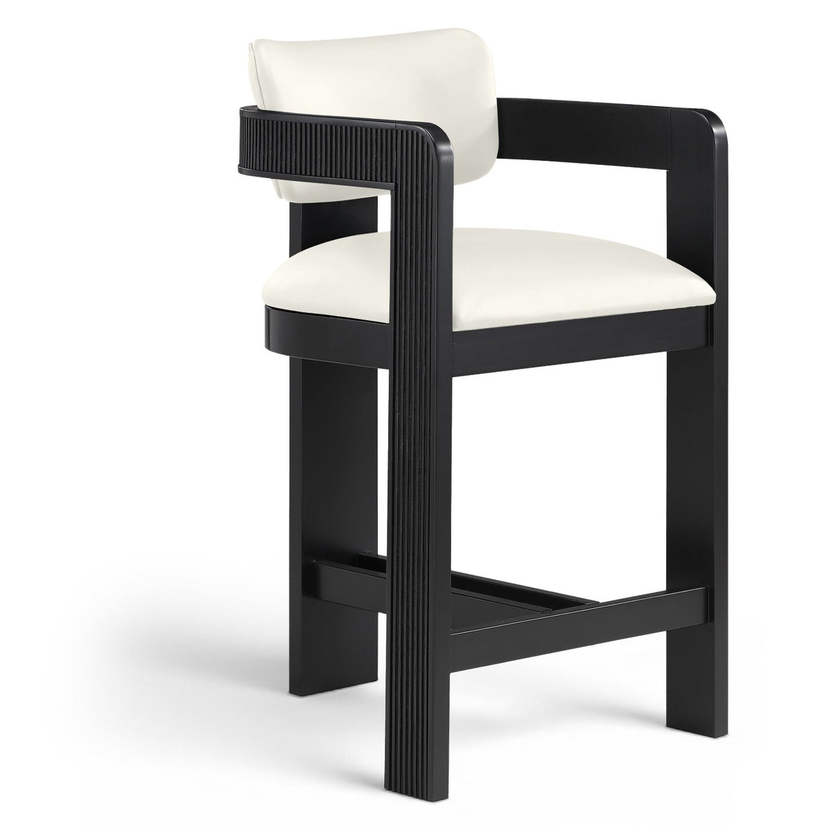 Sacha Cream Vegan Leather Upholstered Counter Stool in cream, fluted solid wood black finish, primary product view