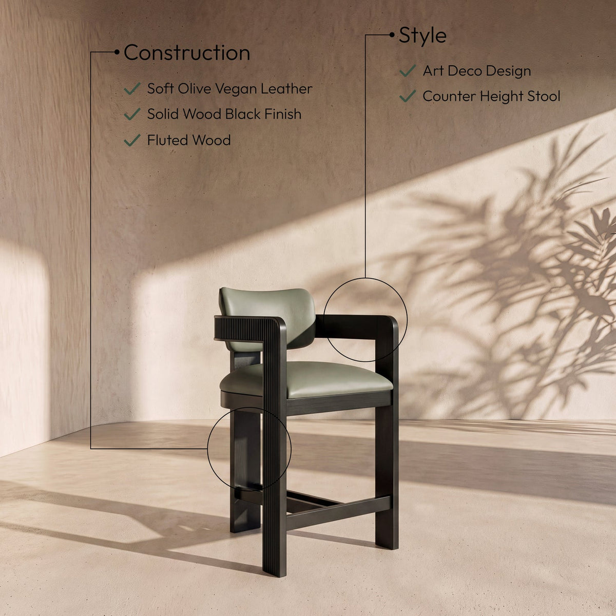 Sacha Olive Vegan Leather Upholstered Counter Stool Set of 2