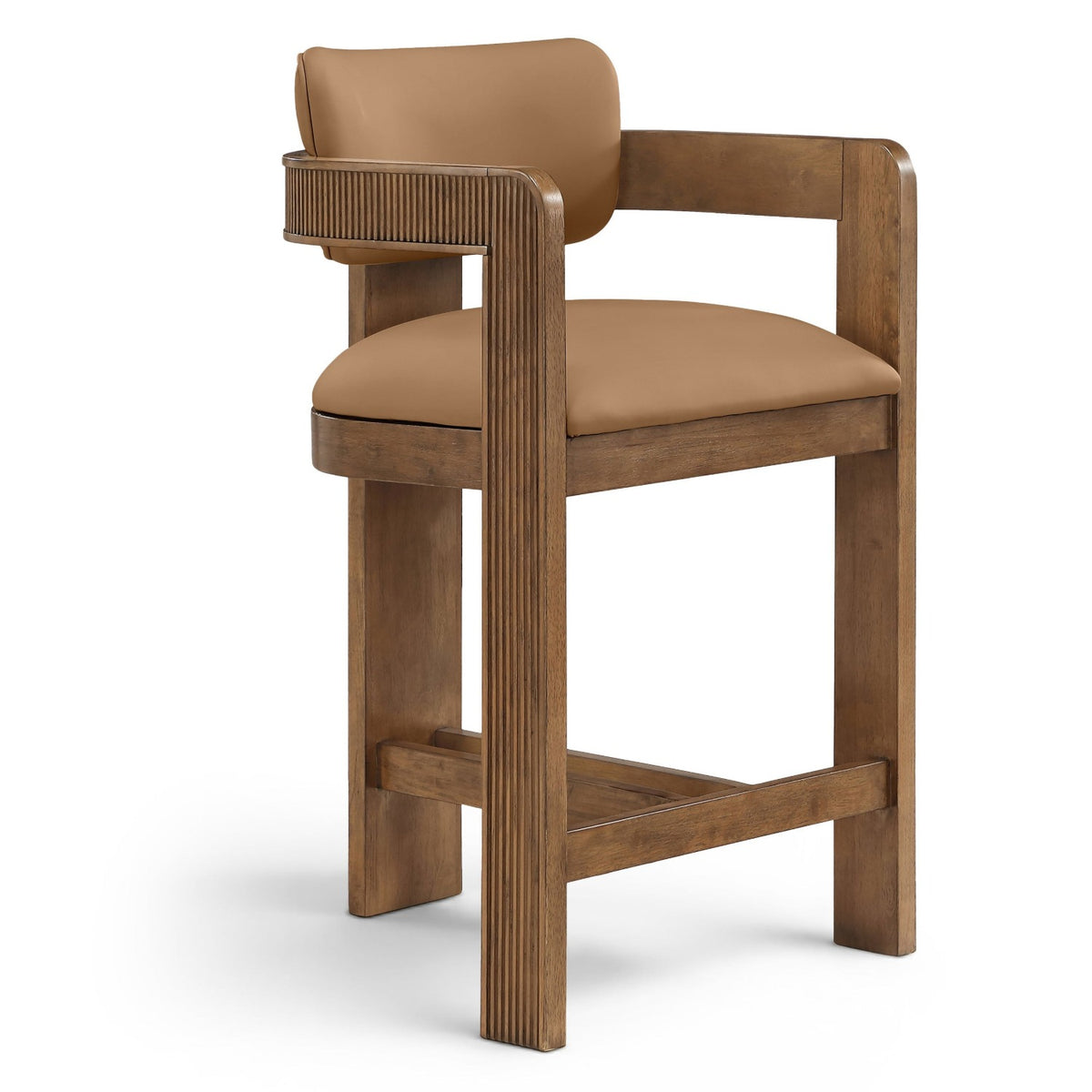 Sacha Cognac Vegan Leather Upholstered Counter Stool in cognac, fluted solid wood brown walnut finish, primary product view
