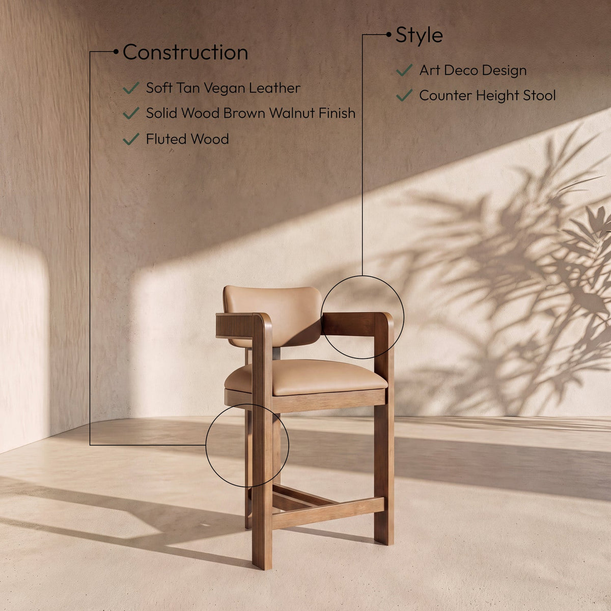 Sacha Tan Vegan Leather Upholstered Counter Stool Set of 2