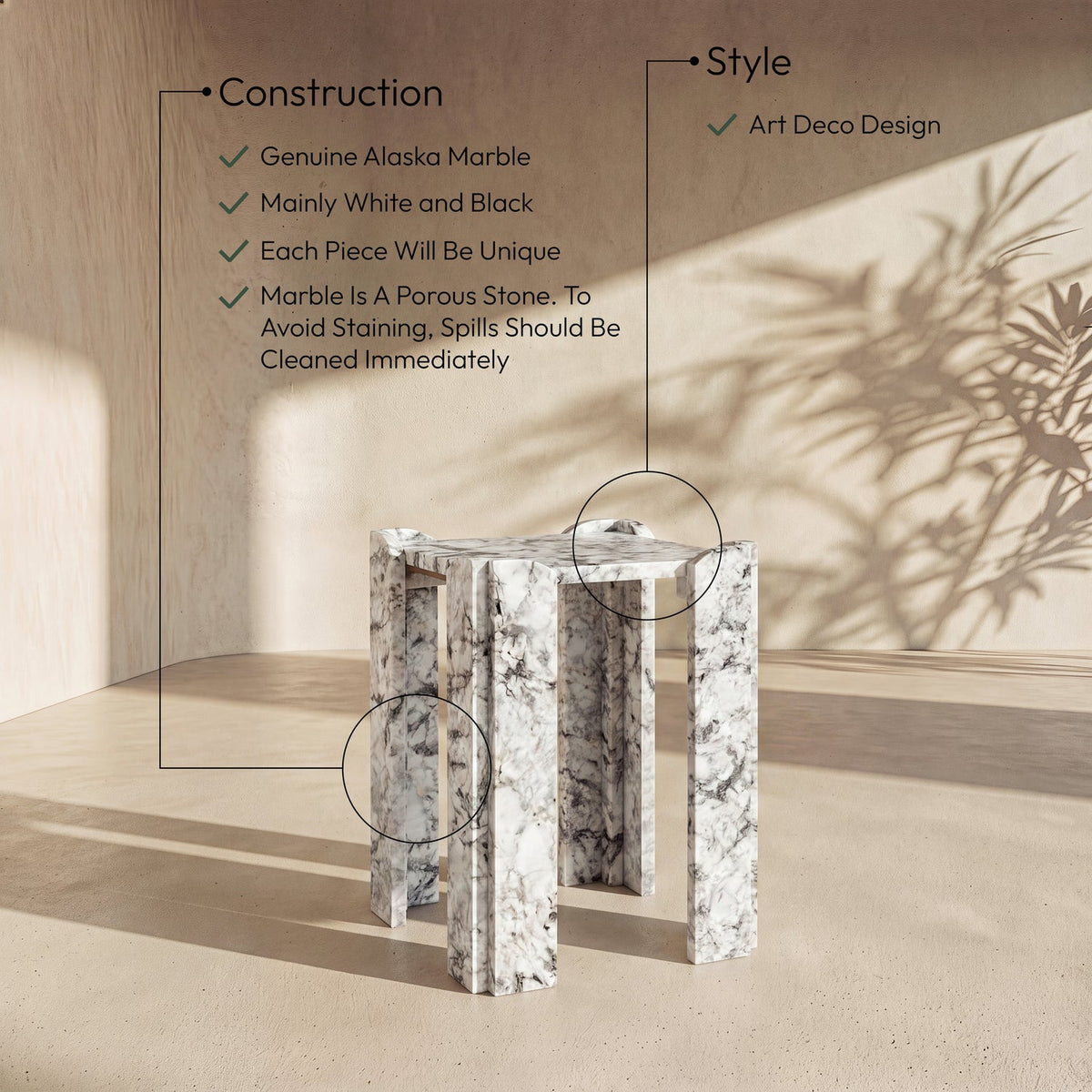 Ravello Alaska Genuine Marble End Side Table Set of 2