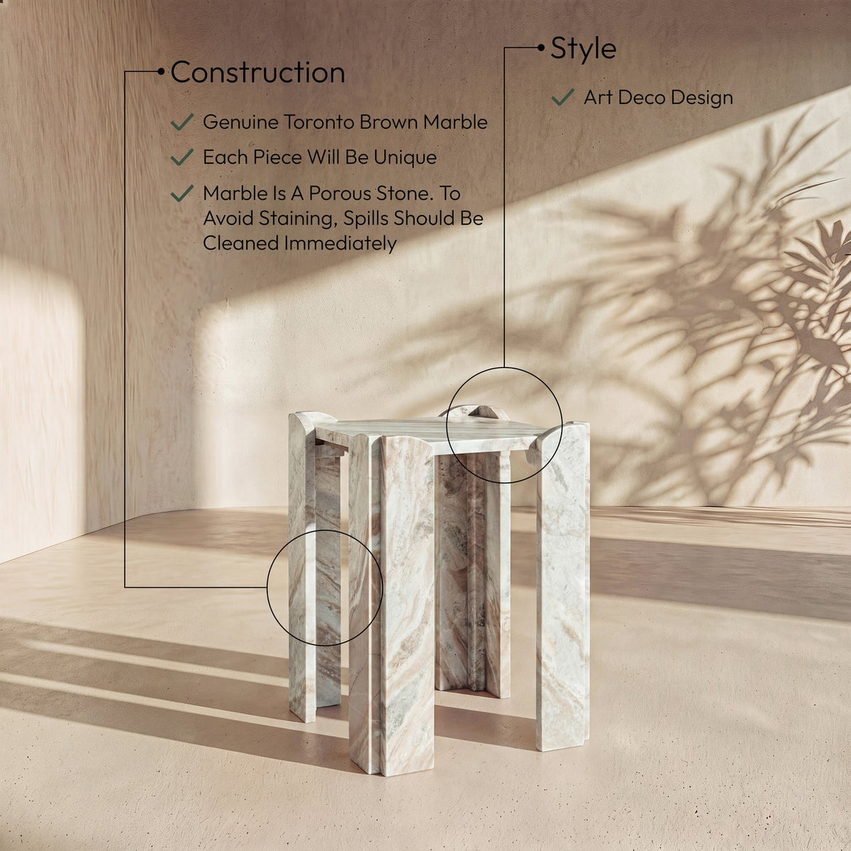 Ravello Brown Genuine Marble End Side Table Set of 2