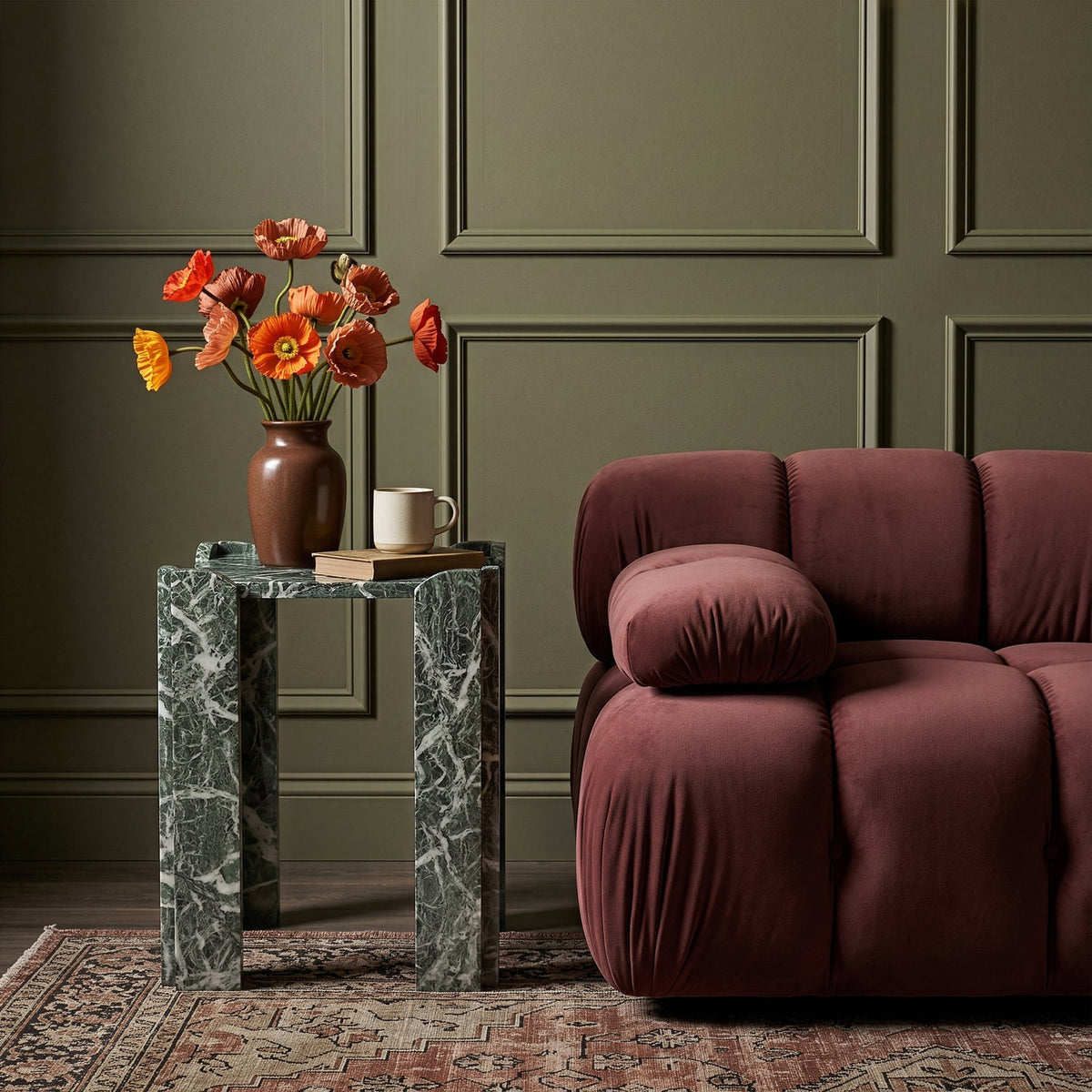 Ravello Green Genuine Marble End Side Table Set of 2