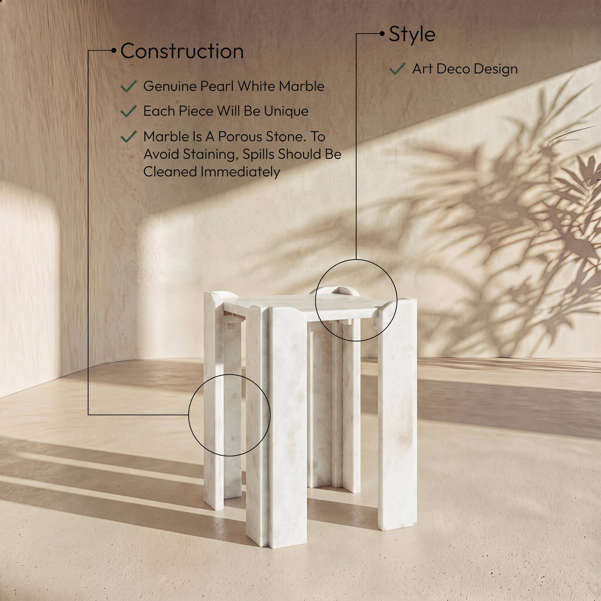 Ravello White Genuine Marble End Side Table Set of 2