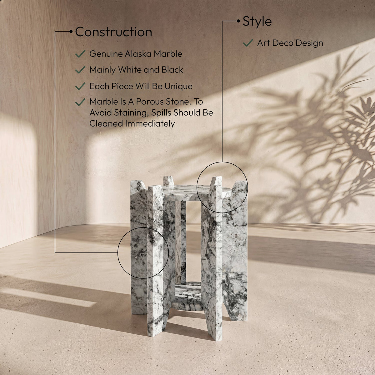 Soriano Alaska Genuine Marble End Side Table Set of 2