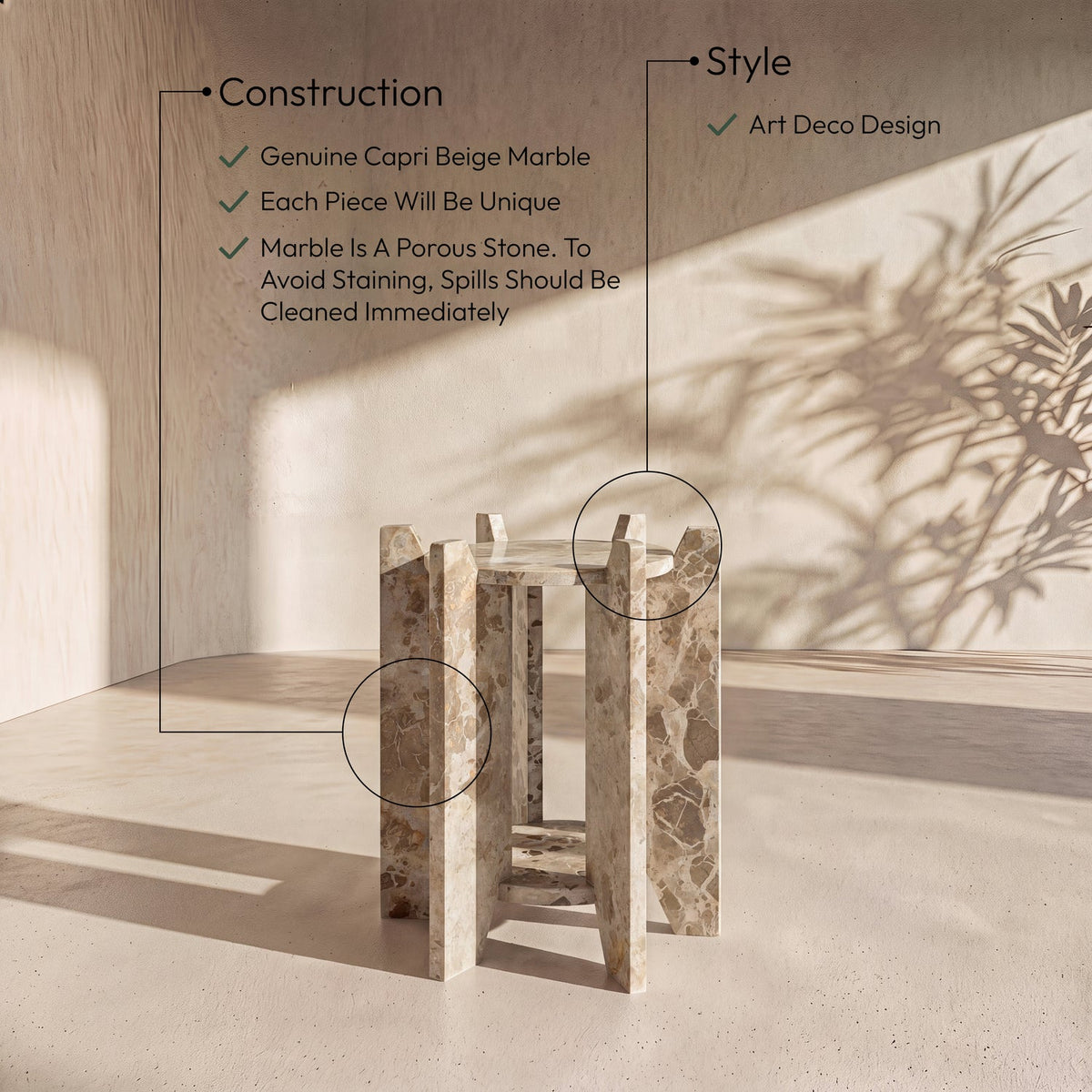 Soriano Beige Genuine Marble End Side Table Set of 2