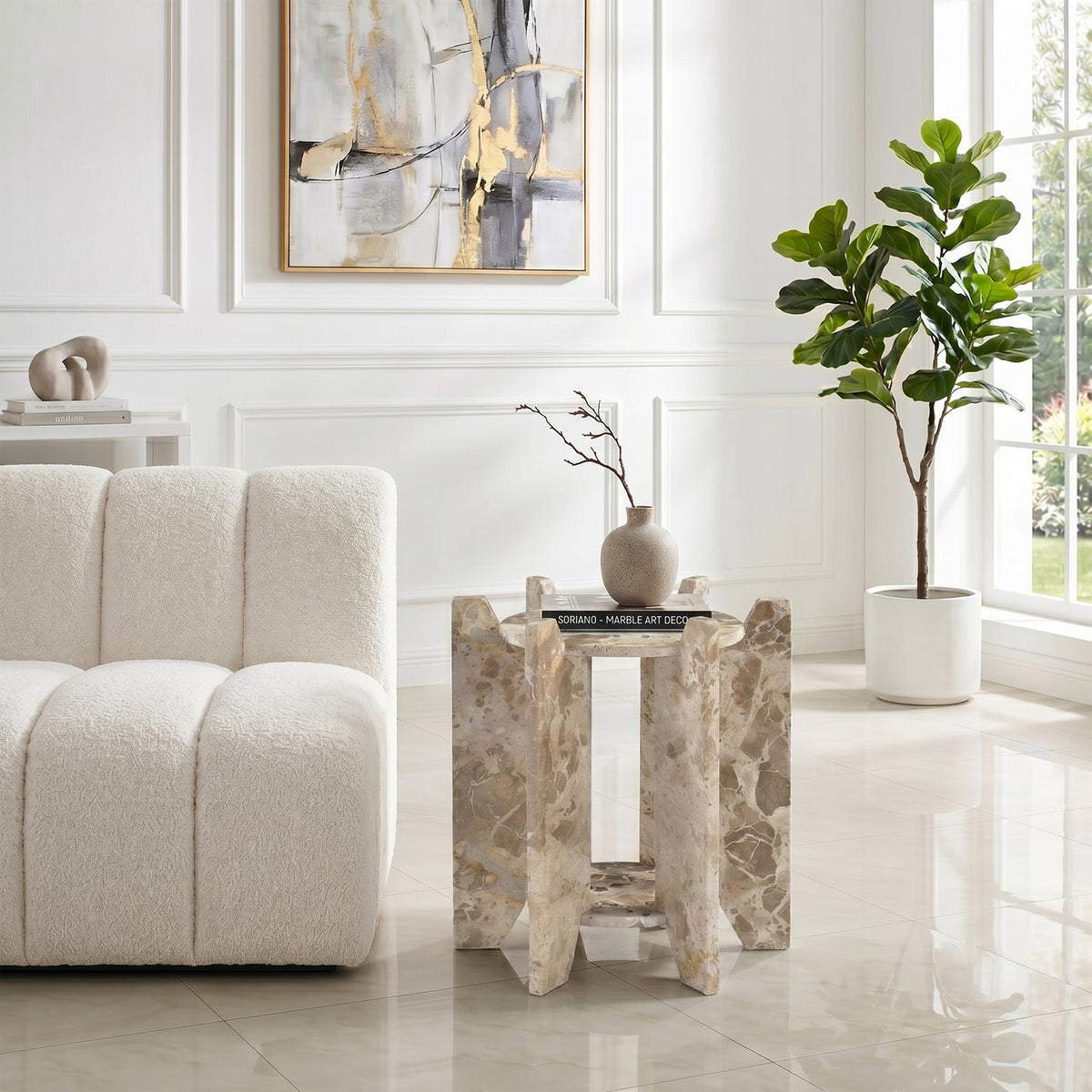 Soriano Beige Genuine Marble End Side Table Set of 2