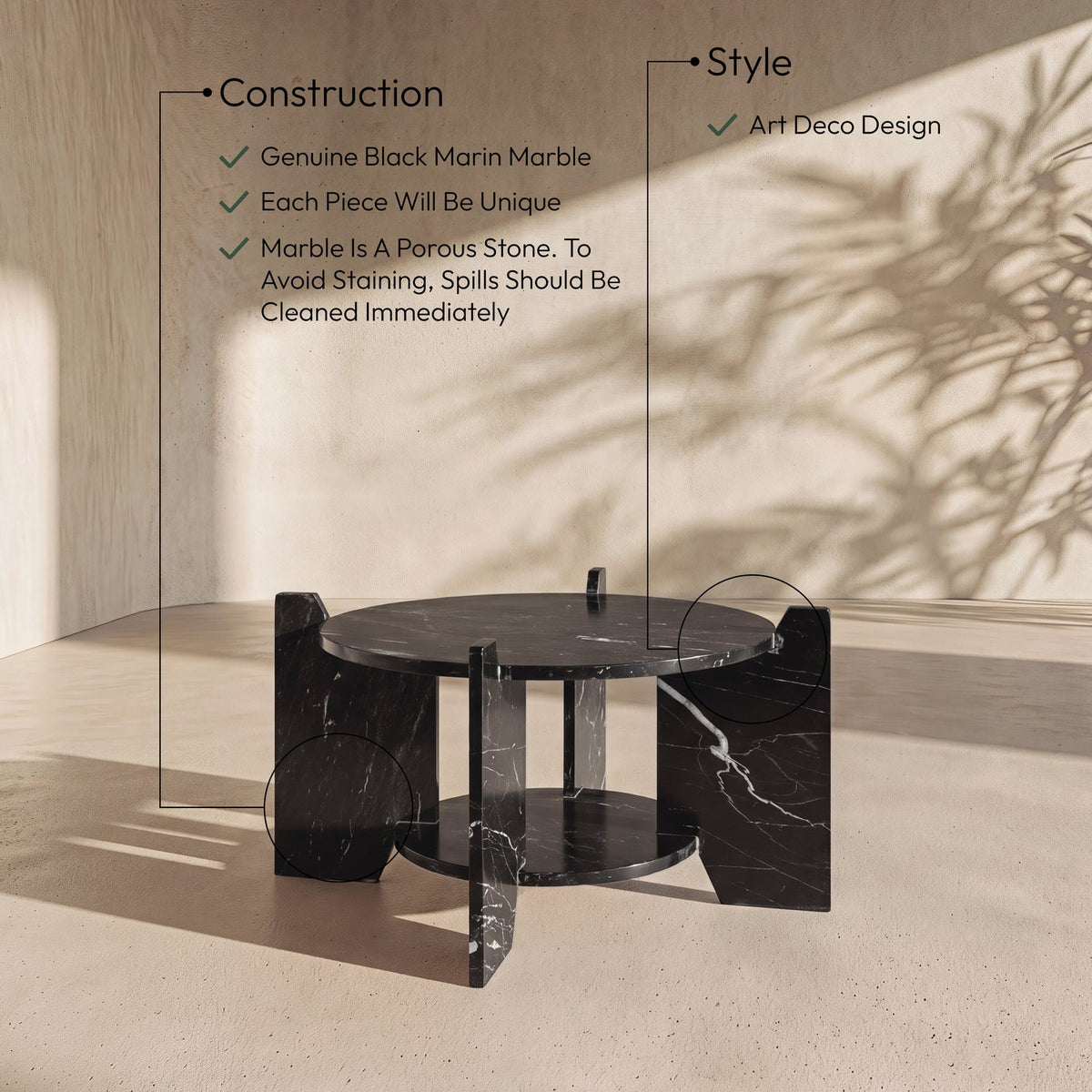 Soriano Black Genuine Marble Coffee Table