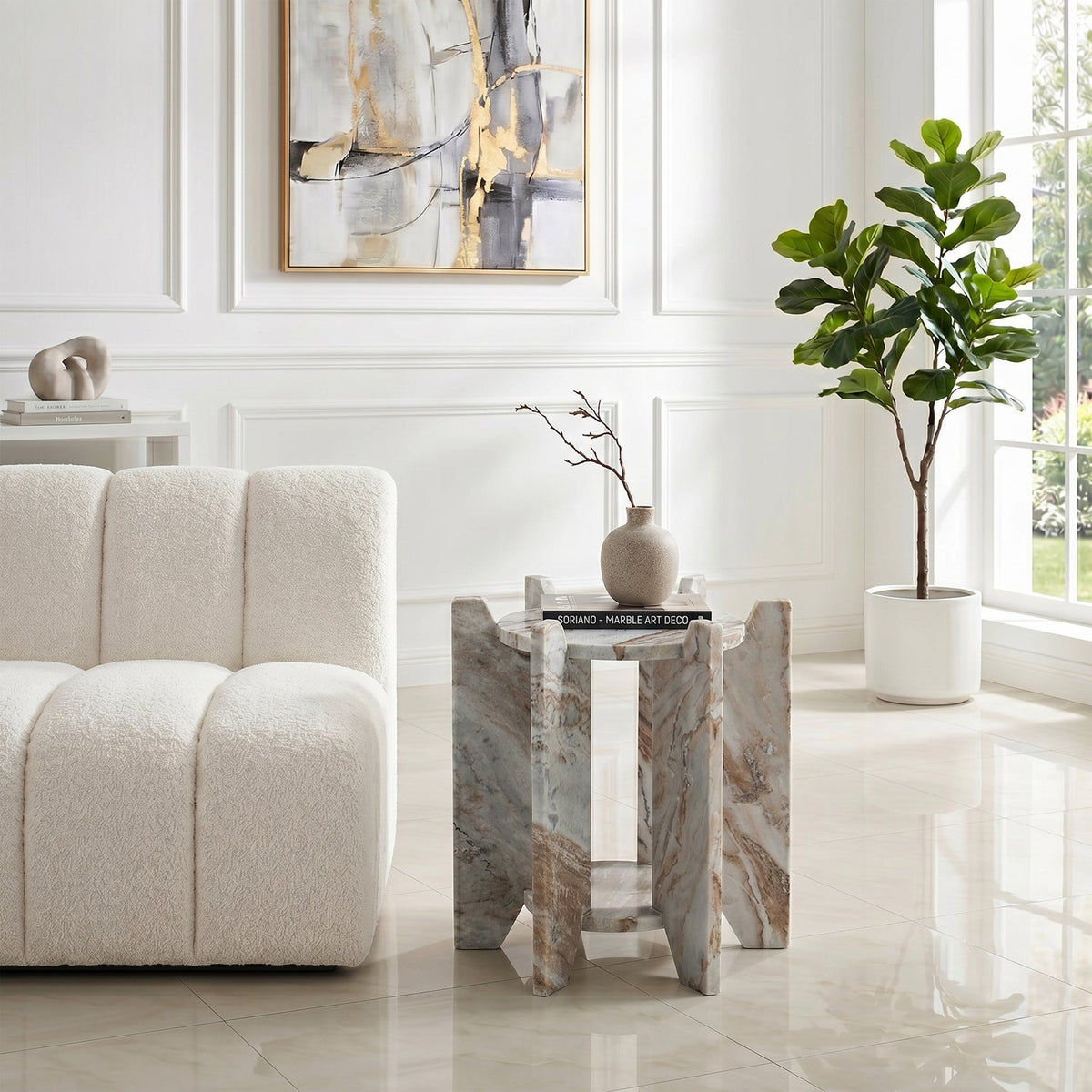 Soriano Brown Genuine Marble End Side Table Set of 2