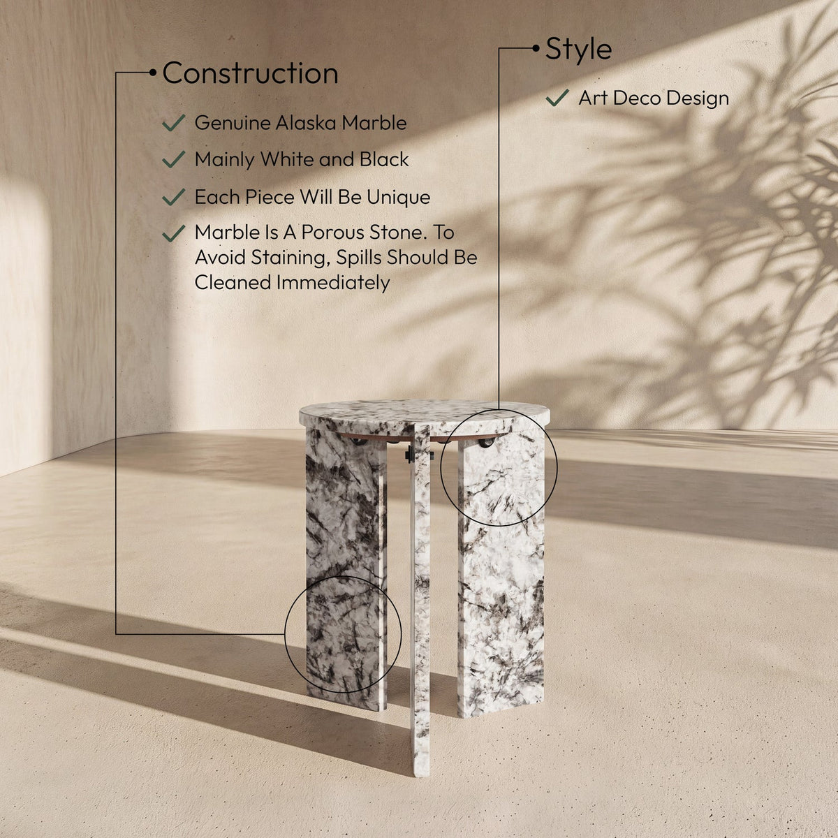 Vernazza Alaska Genuine Marble End Side Table Set of 2