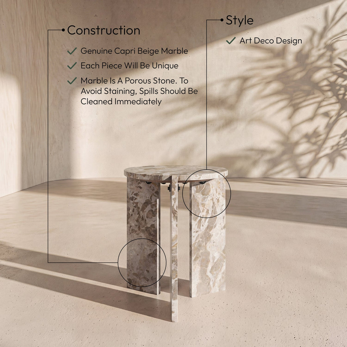 Vernazza Beige Genuine Marble End Side Table Set of 2