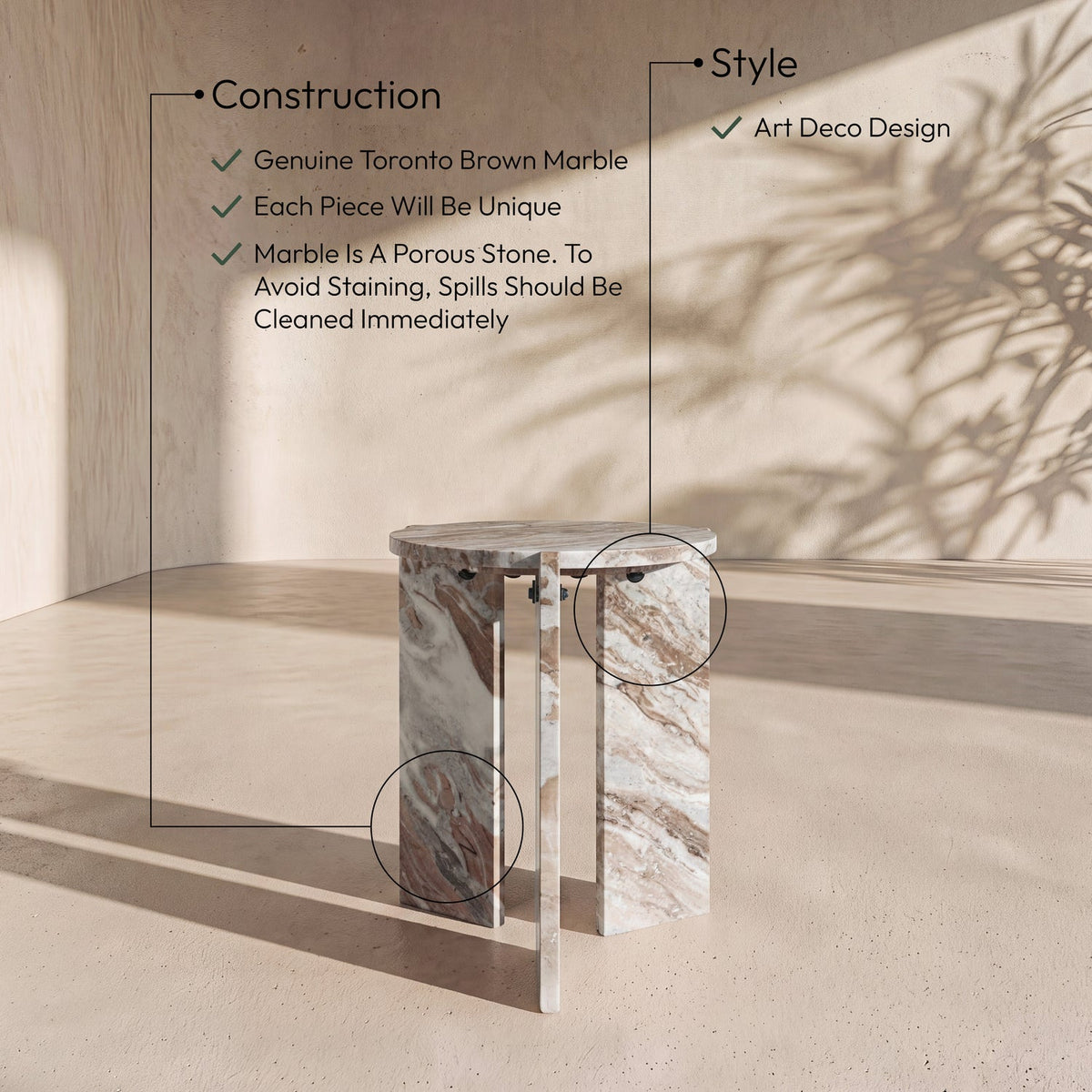 Vernazza Brown Genuine Marble End Side Table Set of 2