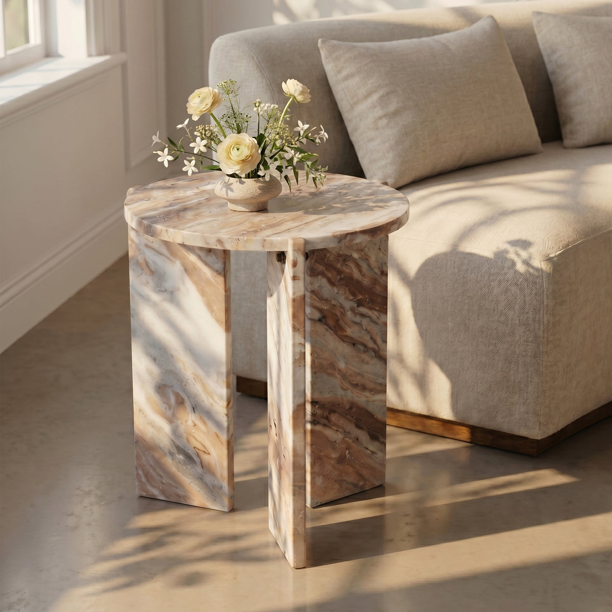 Vernazza Brown Genuine Marble End Side Table Set of 2