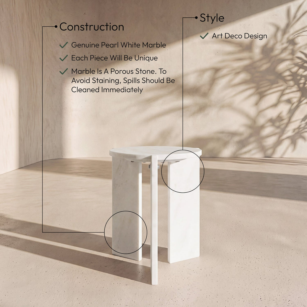 Vernazza White Genuine Marble End Side Table Set of 2