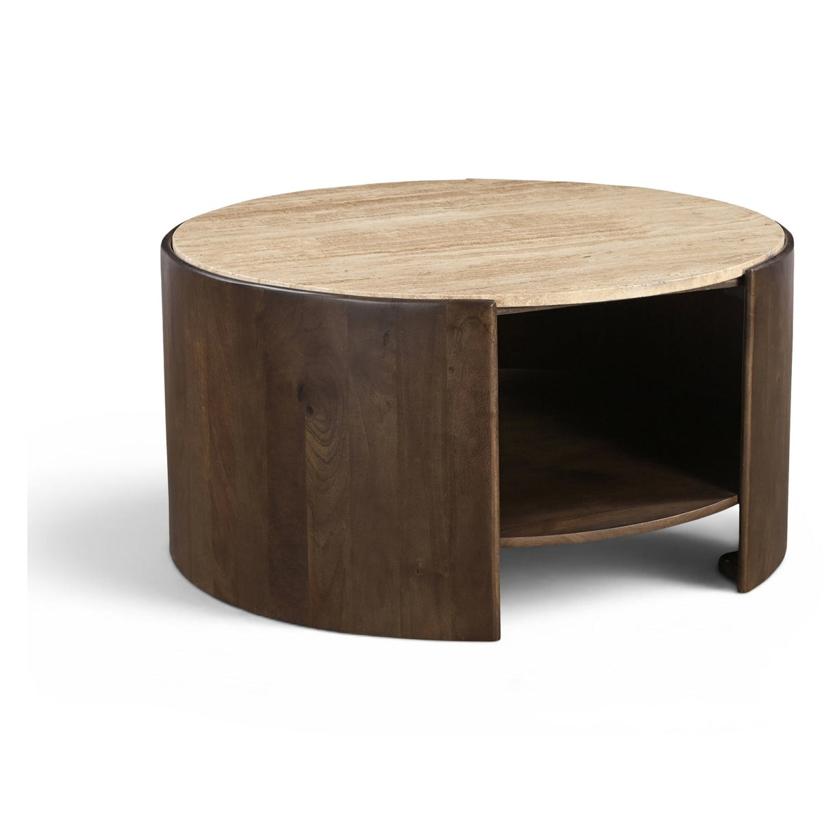 Solstice Brown Travertine And Mango Wood Coffee Table in beige travertine top on mango wood base, primary product view
