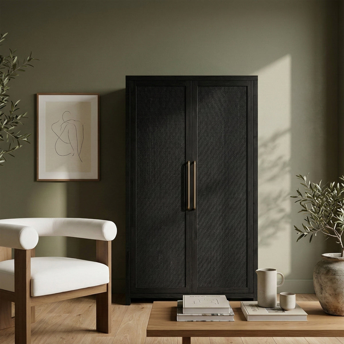 Vana Black Cane And Solid Wood Storage Cabinet