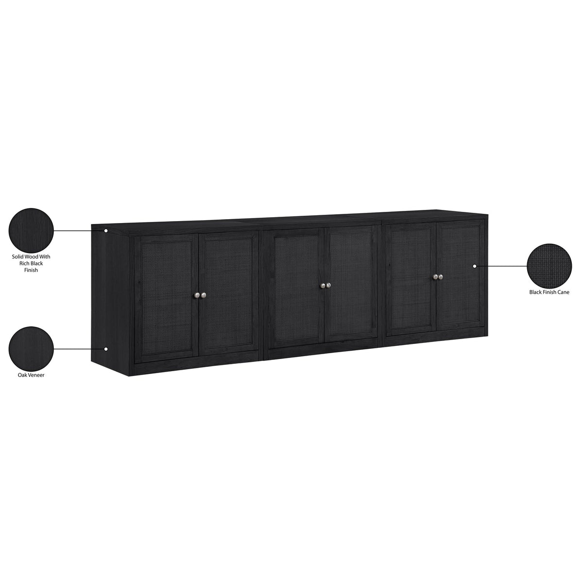 Vero Black Cane Solid Wood And Oak Veneer 3 Piece Sideboard/Buffet